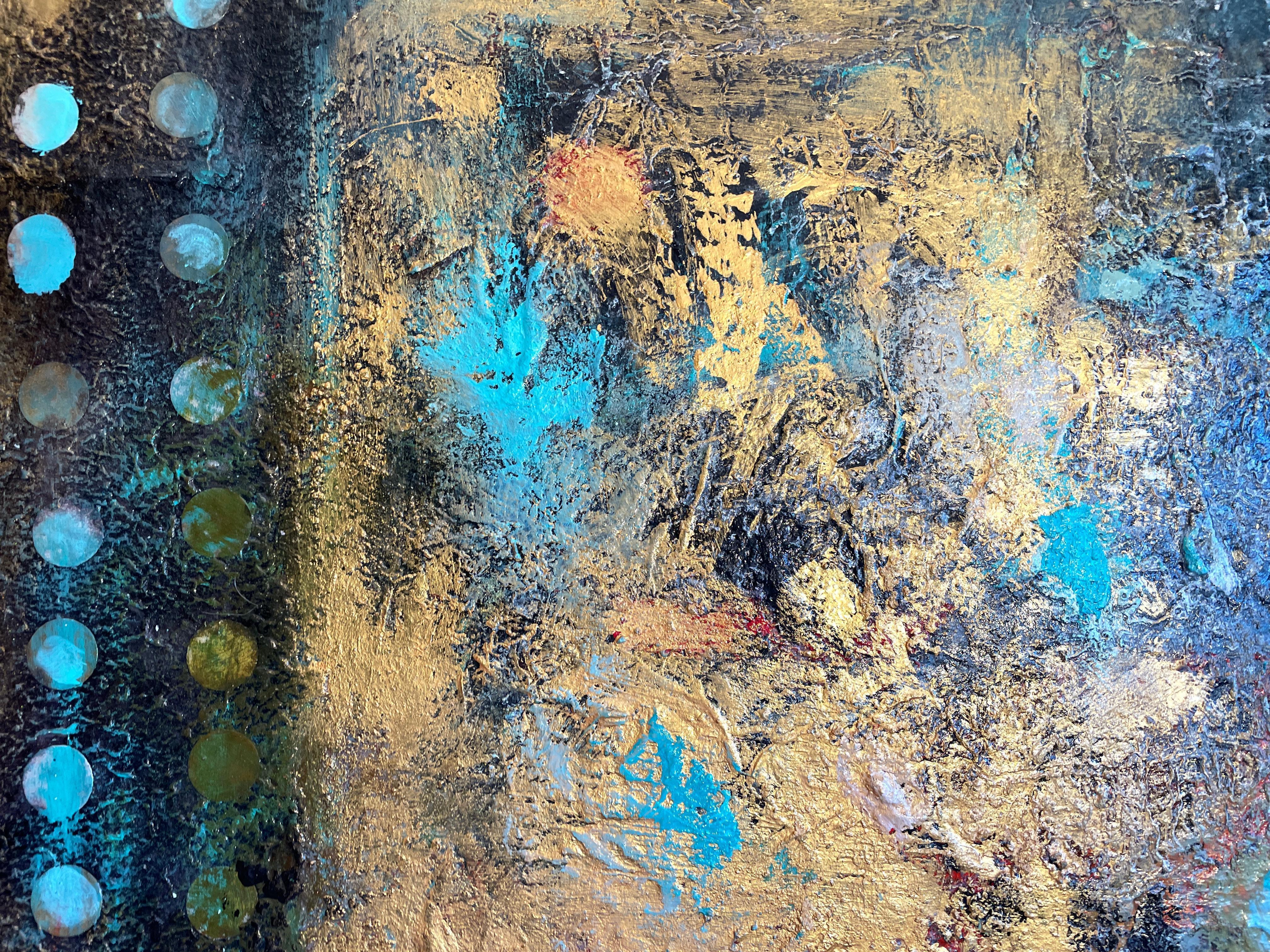 'Full Circle' by Mary Titus - Vibrant Teal and Gold Abstract Expressionist For Sale 1