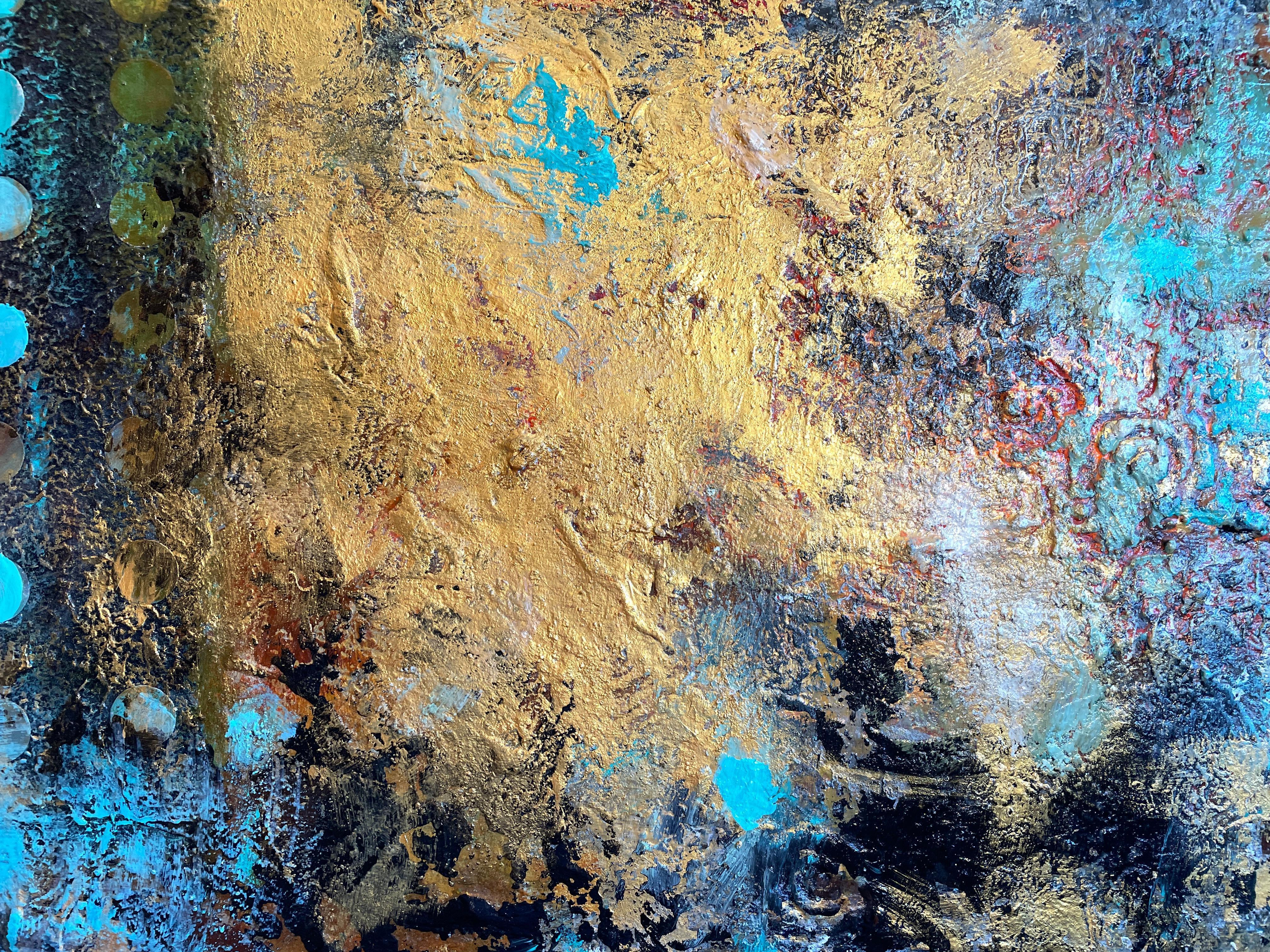 „ Full Circle“ von Mary Titus – lebhaftes Teal und Gold Abstrakter Expressionismus 2