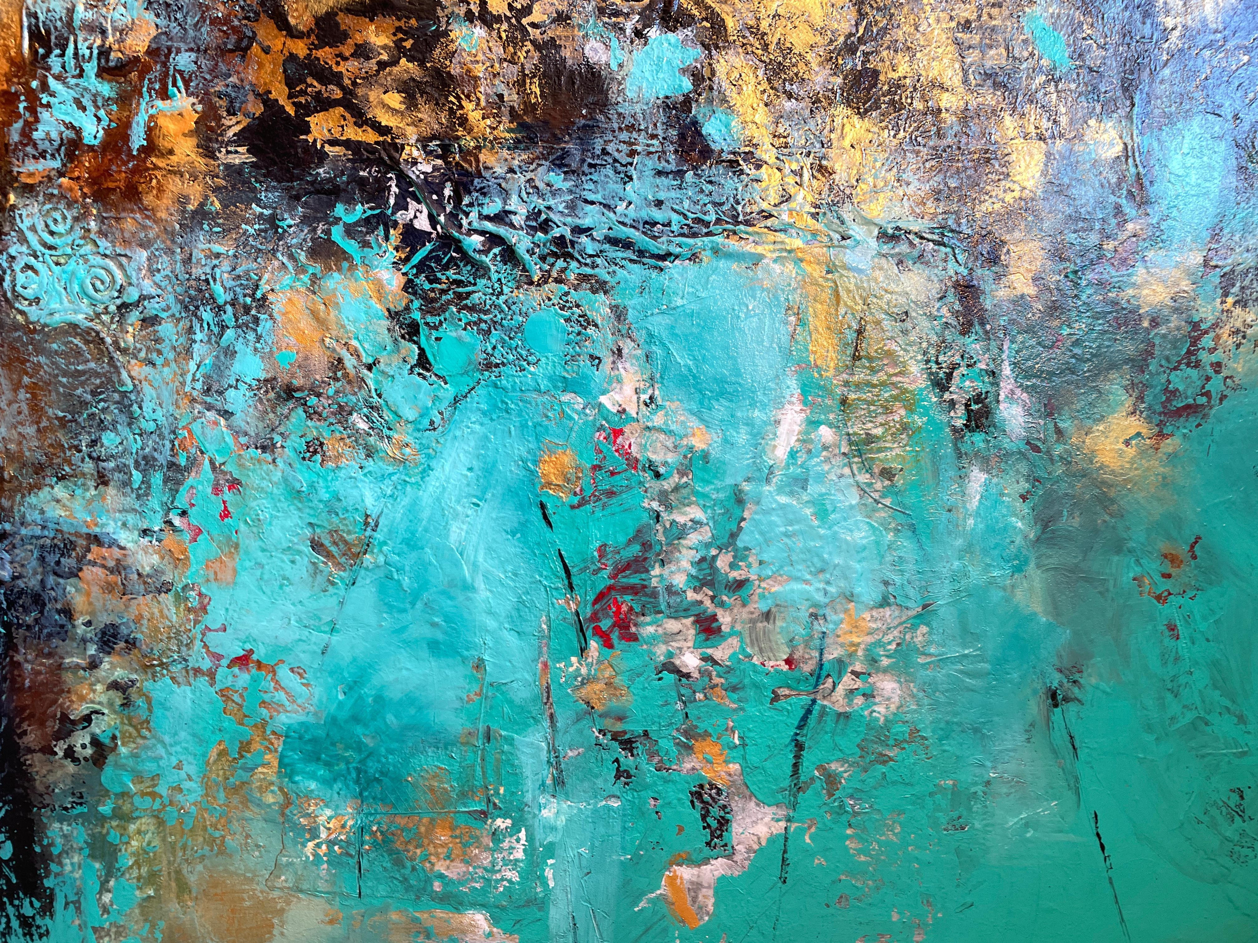 „ Full Circle“ von Mary Titus – lebhaftes Teal und Gold Abstrakter Expressionismus 3