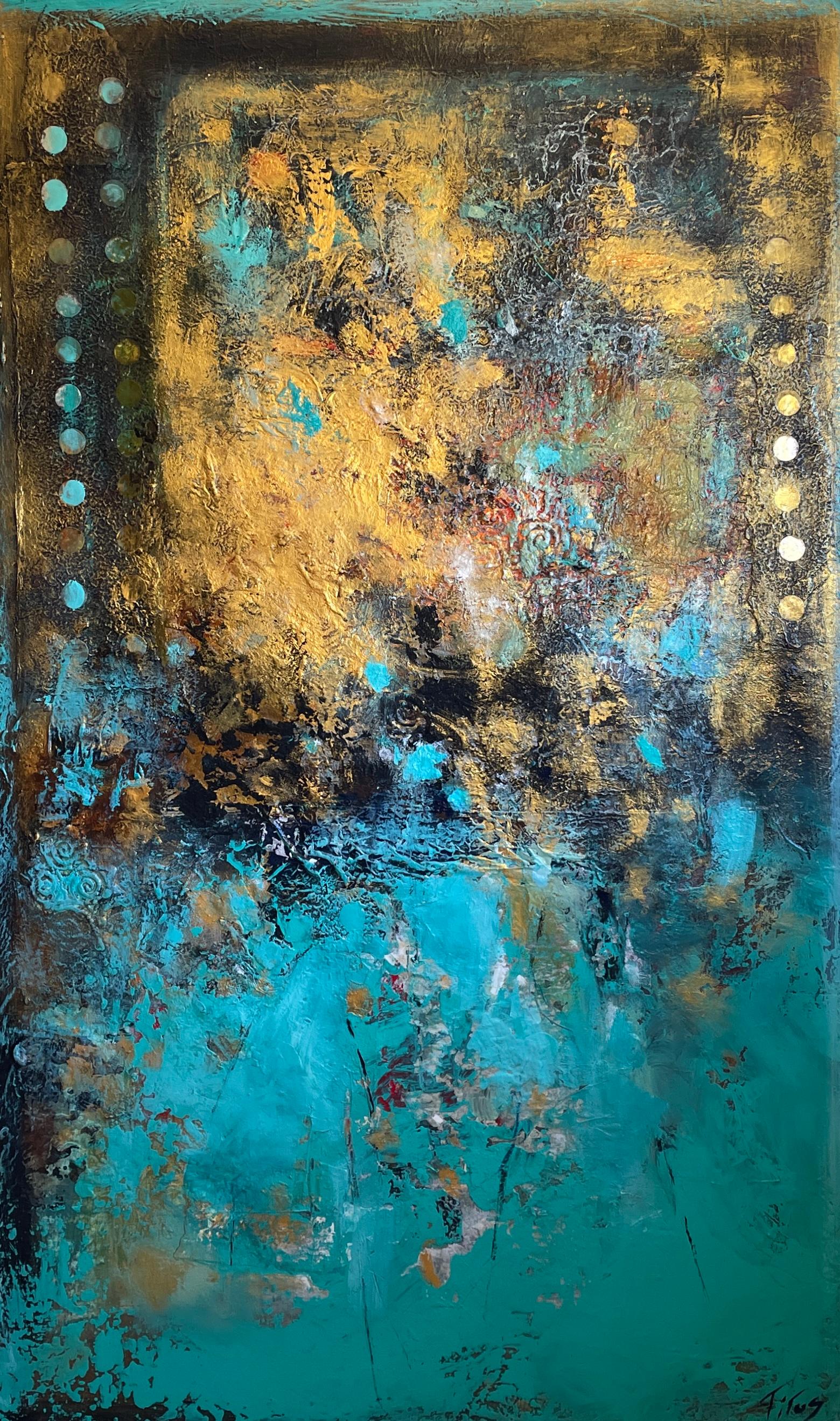 "Full Circle" by Mary Titus is a dynamic 60" x 36" acrylic and mixed media canvas that showcases the essence of abstract expressionism. This piece is awash with a symphony of golds and teals, creating an underwater treasure-like illusion. The
