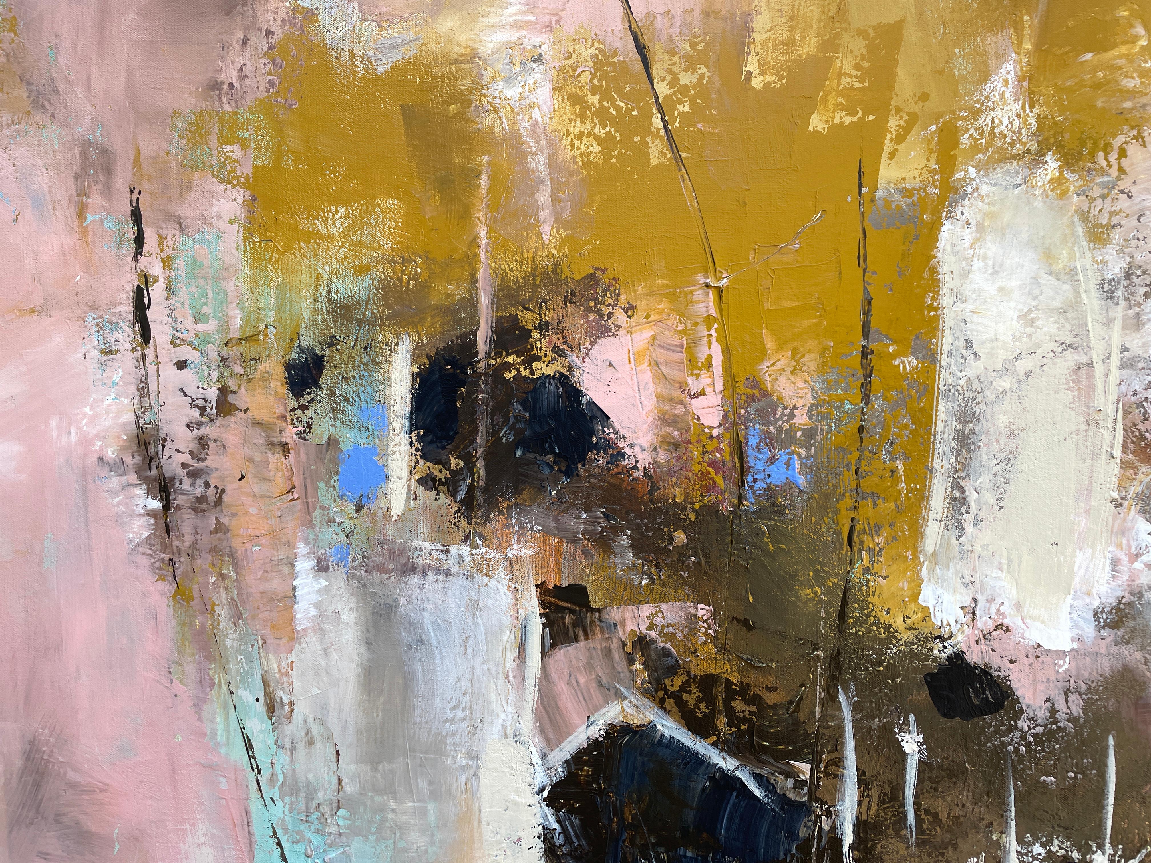 „Marketplace“ von Mary Titus – Abstrakter Expressionismus mit rosa und Erdtönen 1