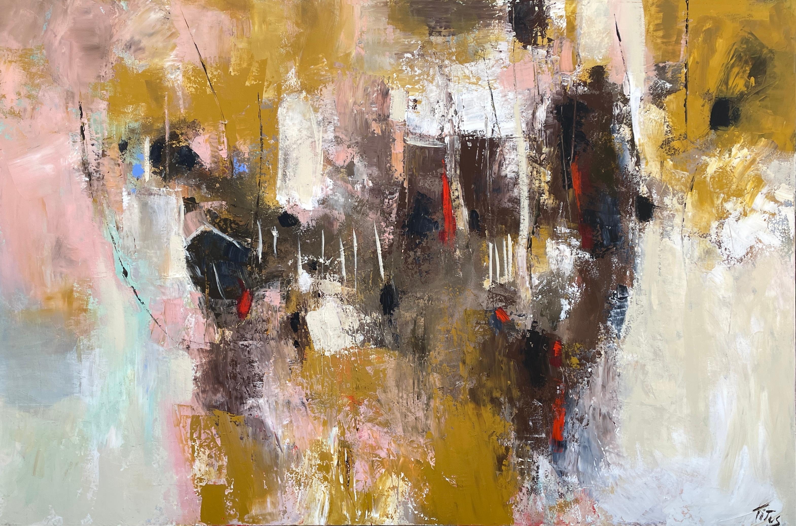 "Marketplace" by Mary Titus is a captivating piece of abstract expressionism that showcases the artist's command of acrylics on a grand 48" x 72" canvas. Titus orchestrates a symphony of earthy tones and pastel shades, weaving a narrative that