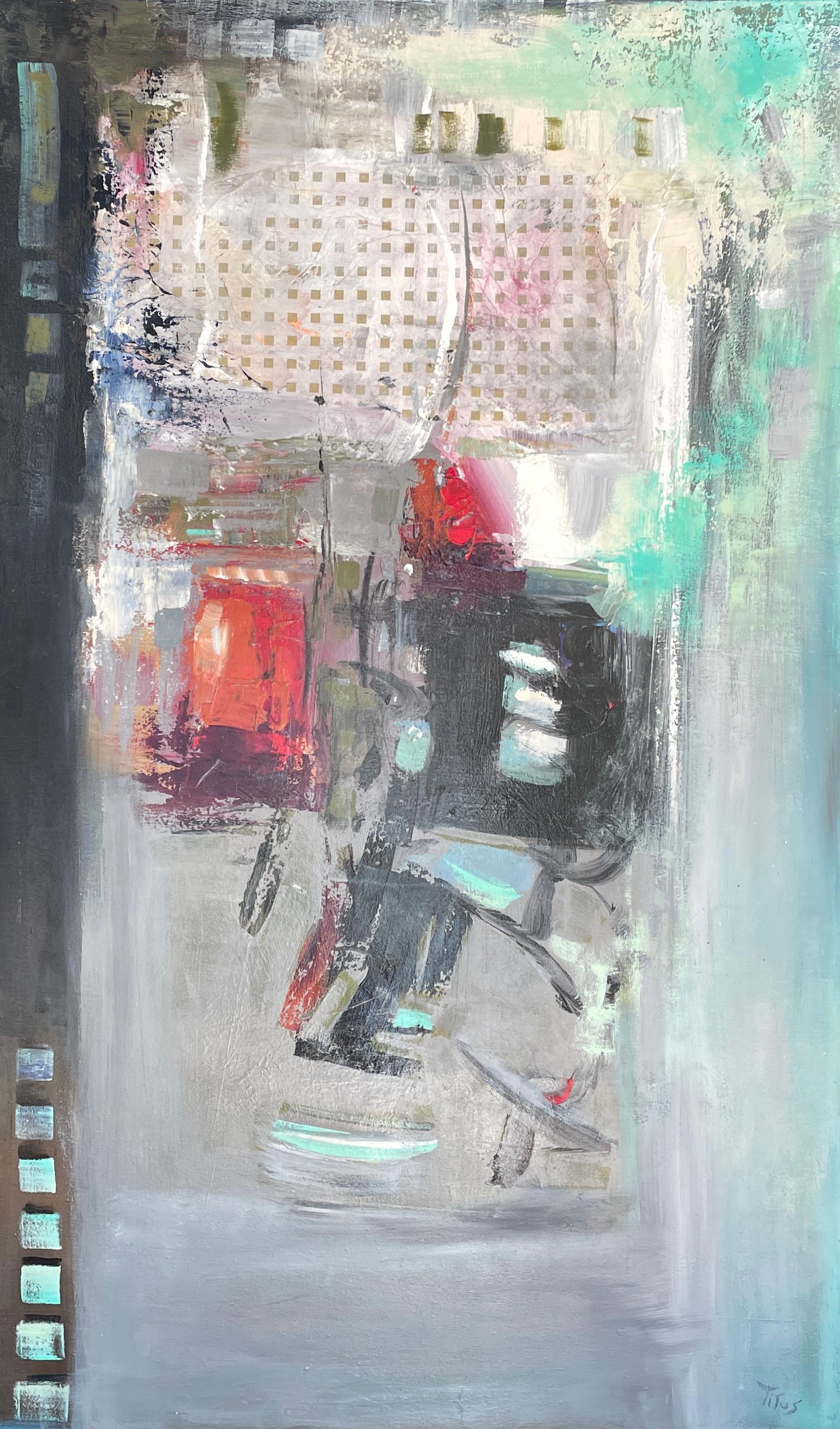 "Paradox" by Mary Titus is an intriguing 60" x 36" acrylic and mixed media canvas that embodies the spontaneous and emotive spirit of abstract expressionism. Through a palette of calming blues and greys juxtaposed with bursts of red, the artwork
