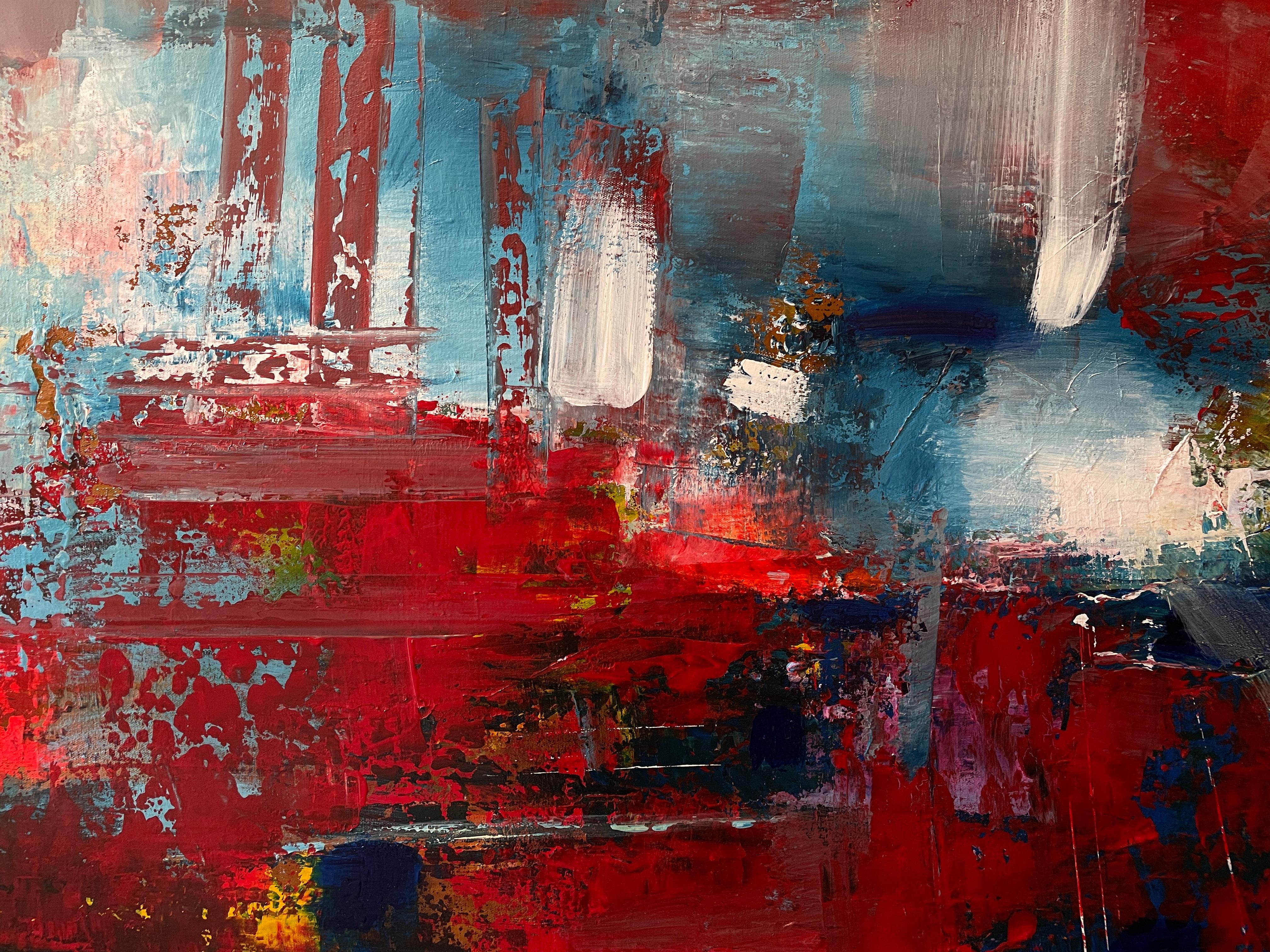 'Pathways' by Mary Titus - Large Blue and Red Textured Abstract Expressionist  For Sale 2