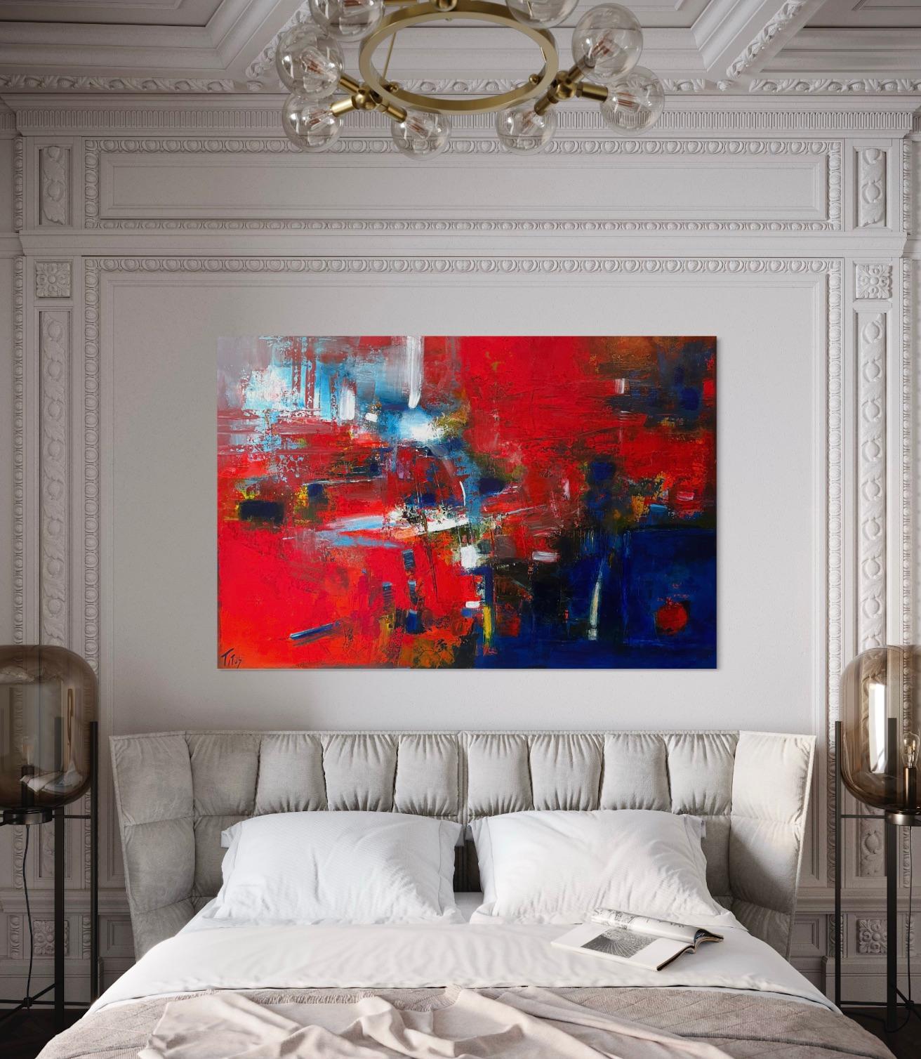 'Pathways' by Mary Titus - Large Blue and Red Textured Abstract Expressionist  For Sale 1