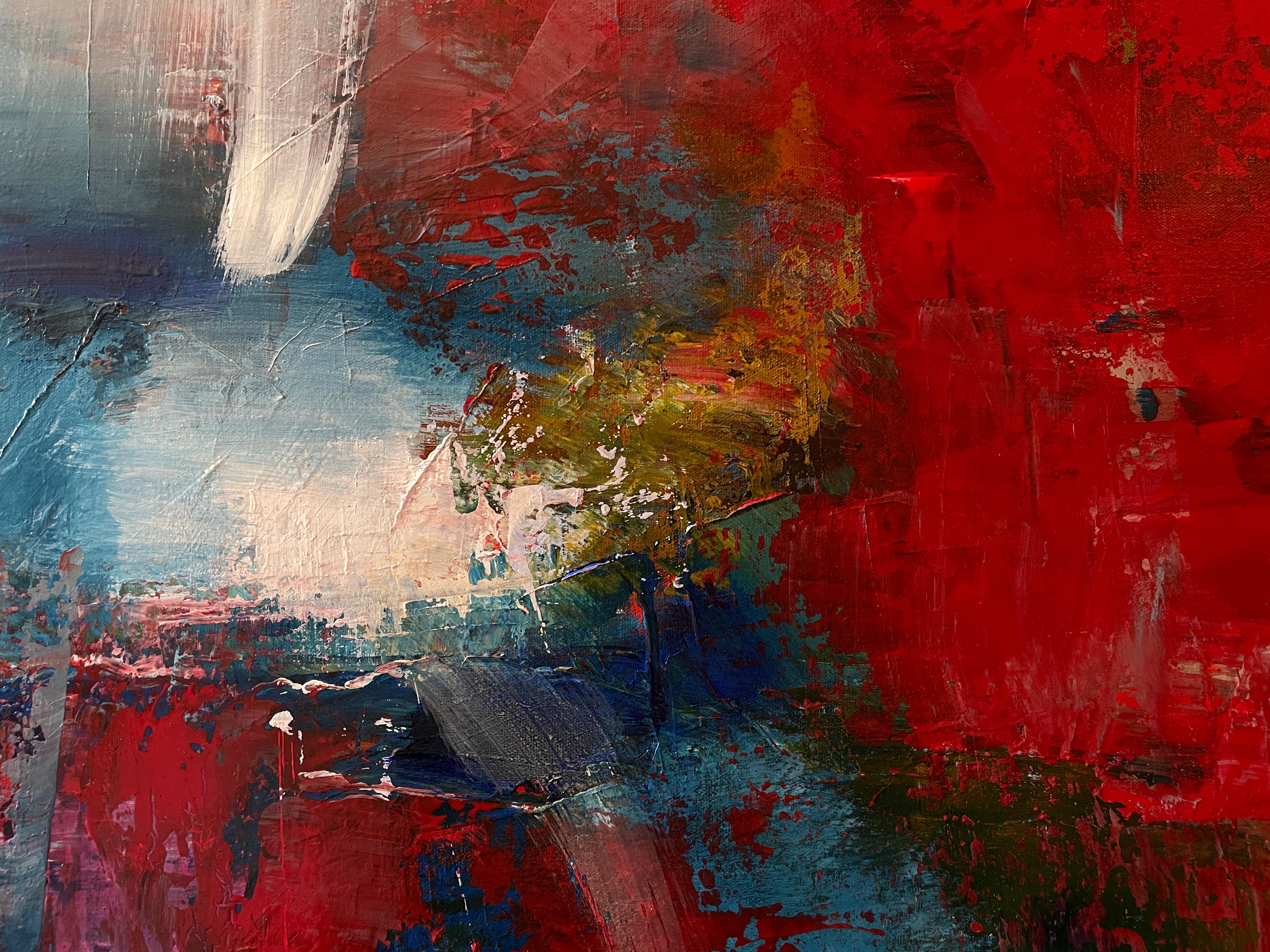'Pathways' by Mary Titus - Large Blue and Red Textured Abstract Expressionist  For Sale 3