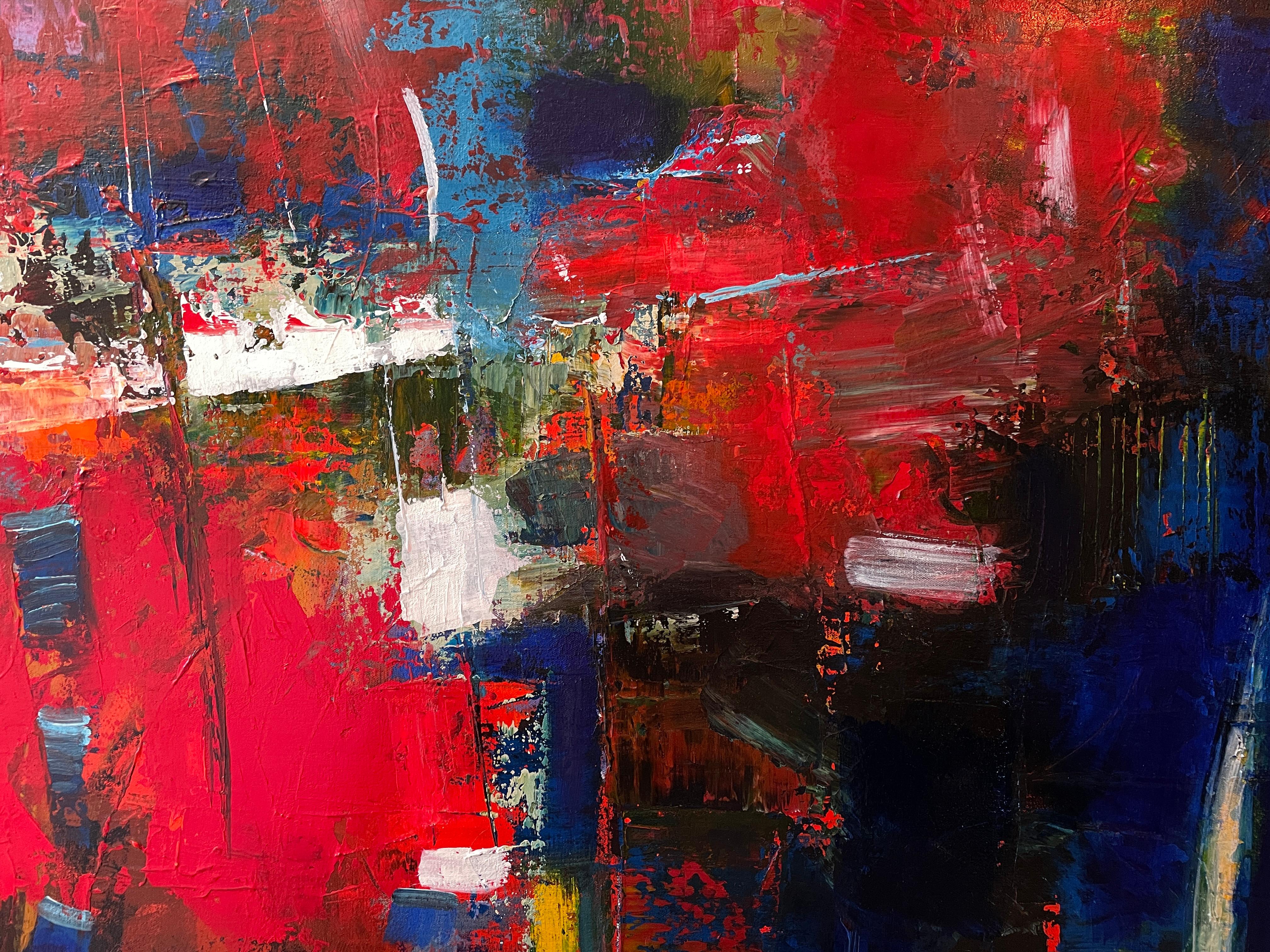 'Pathways' by Mary Titus - Large Blue and Red Textured Abstract Expressionist  For Sale 4