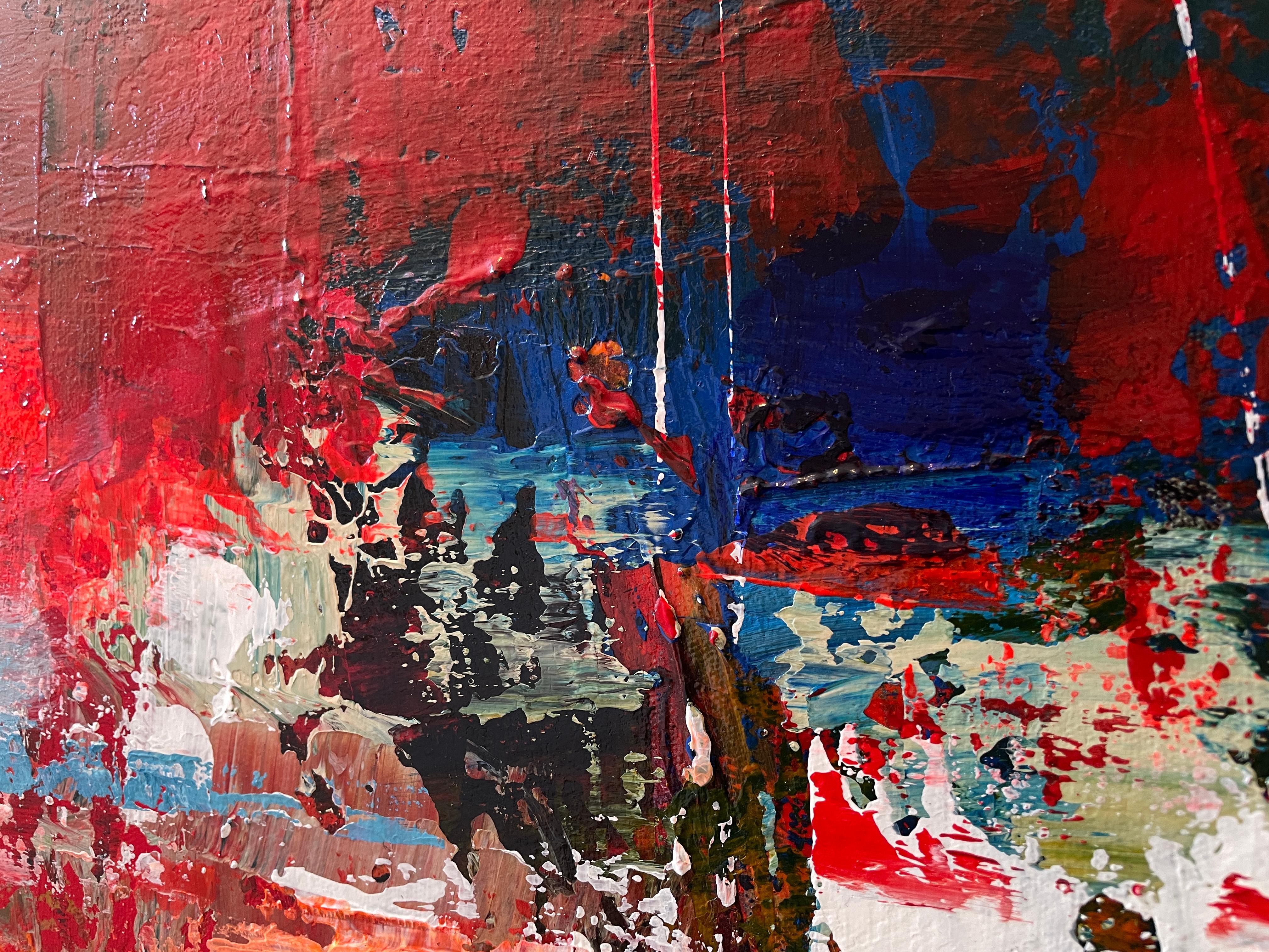 'Pathways' by Mary Titus - Large Blue and Red Textured Abstract Expressionist  For Sale 5