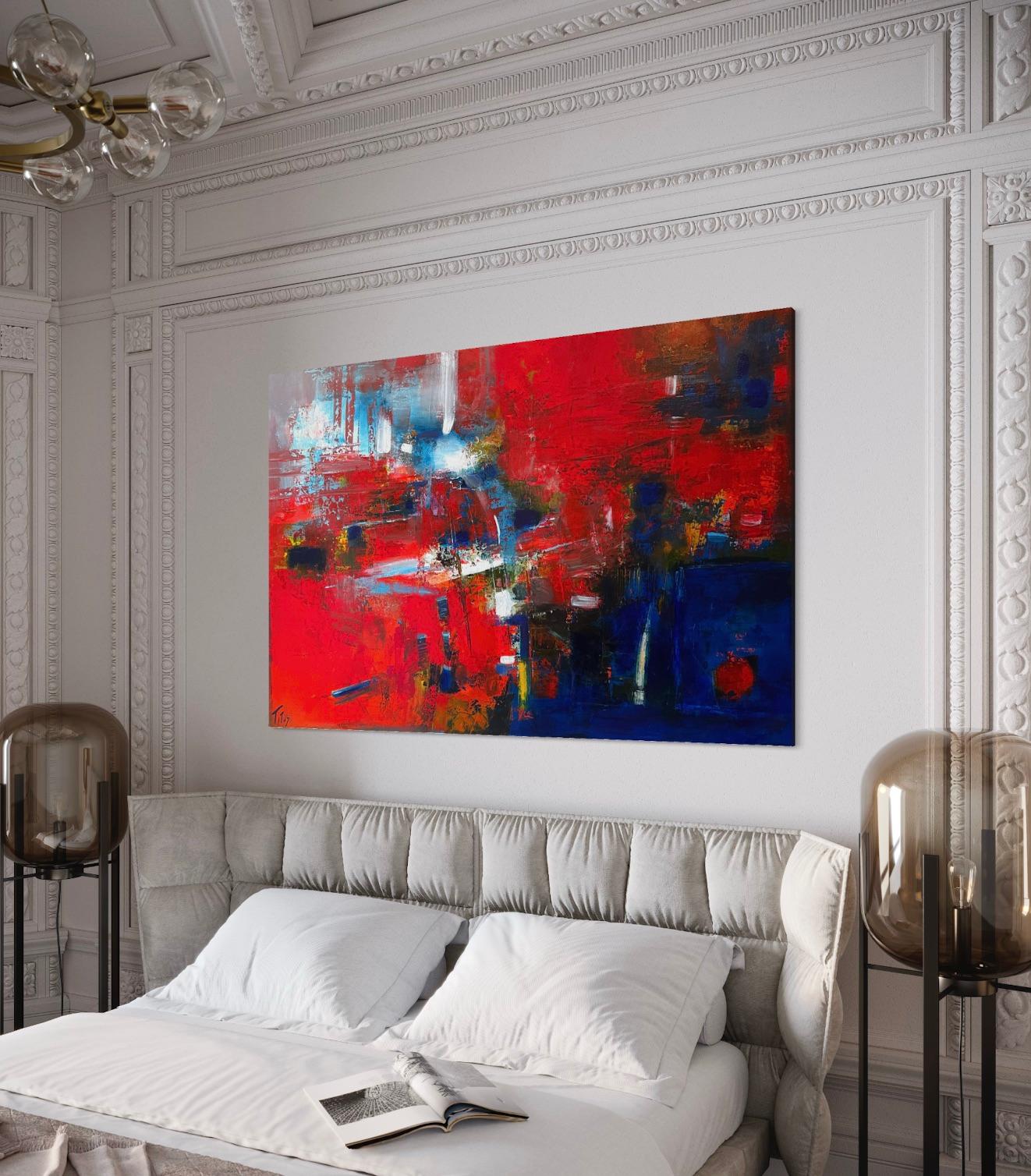 'Pathways' by Mary Titus - Large Blue and Red Textured Abstract Expressionist  For Sale 7