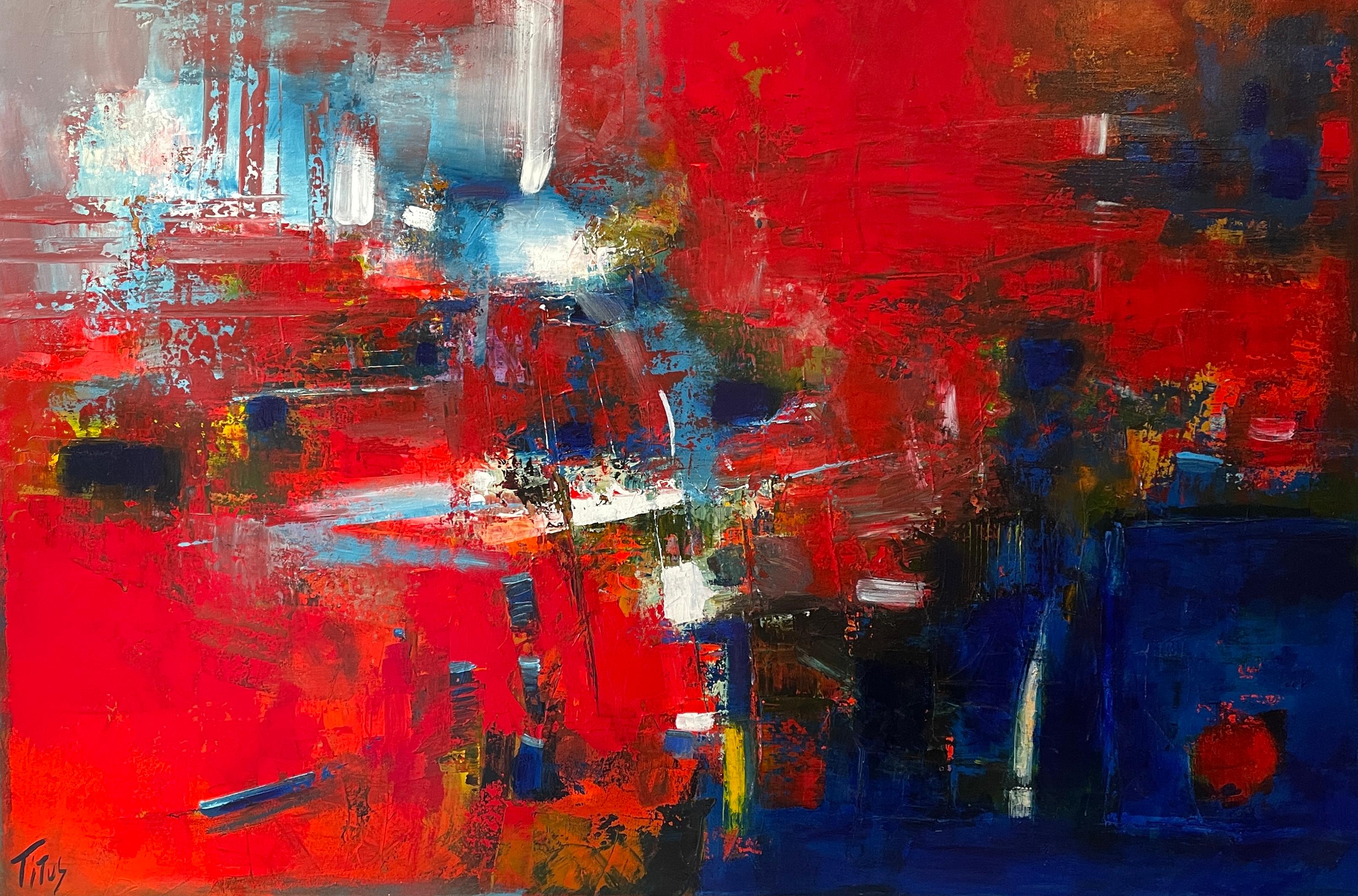 "Pathways" by Mary Titus is a bold and visceral work that captures the essence of abstract expressionism. This 48" x 72" acrylic painting pulses with a spectrum of emotions through its vibrant reds and deep blues, intersected by hints of white and