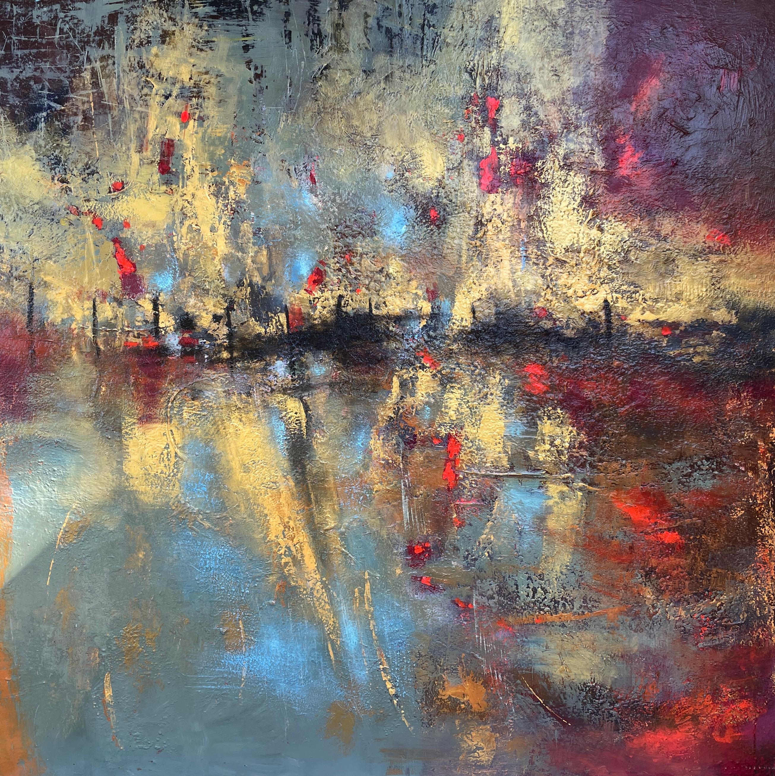 Mary Titus Abstract Painting - 'Quiet Harbor' - Golden Textured Waterscape - Large Abstract Expressionism 