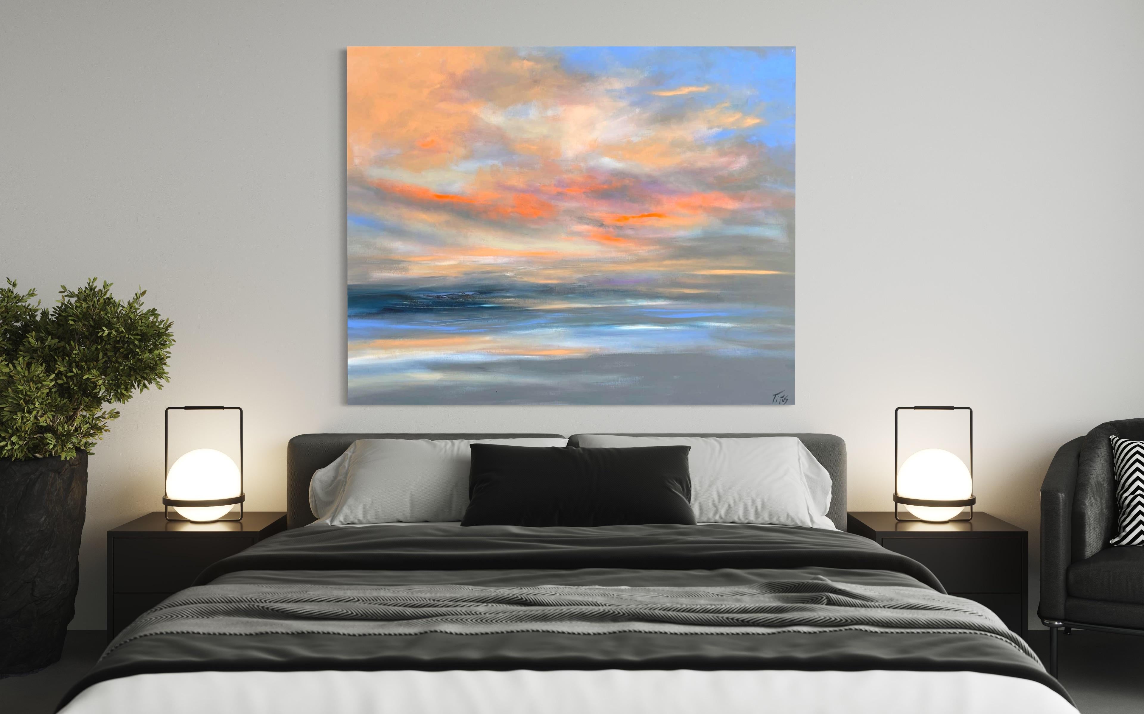'Silence' - Sunset Over the Ocean - Large Abstract Expressionist Seascape - Painting by Mary Titus