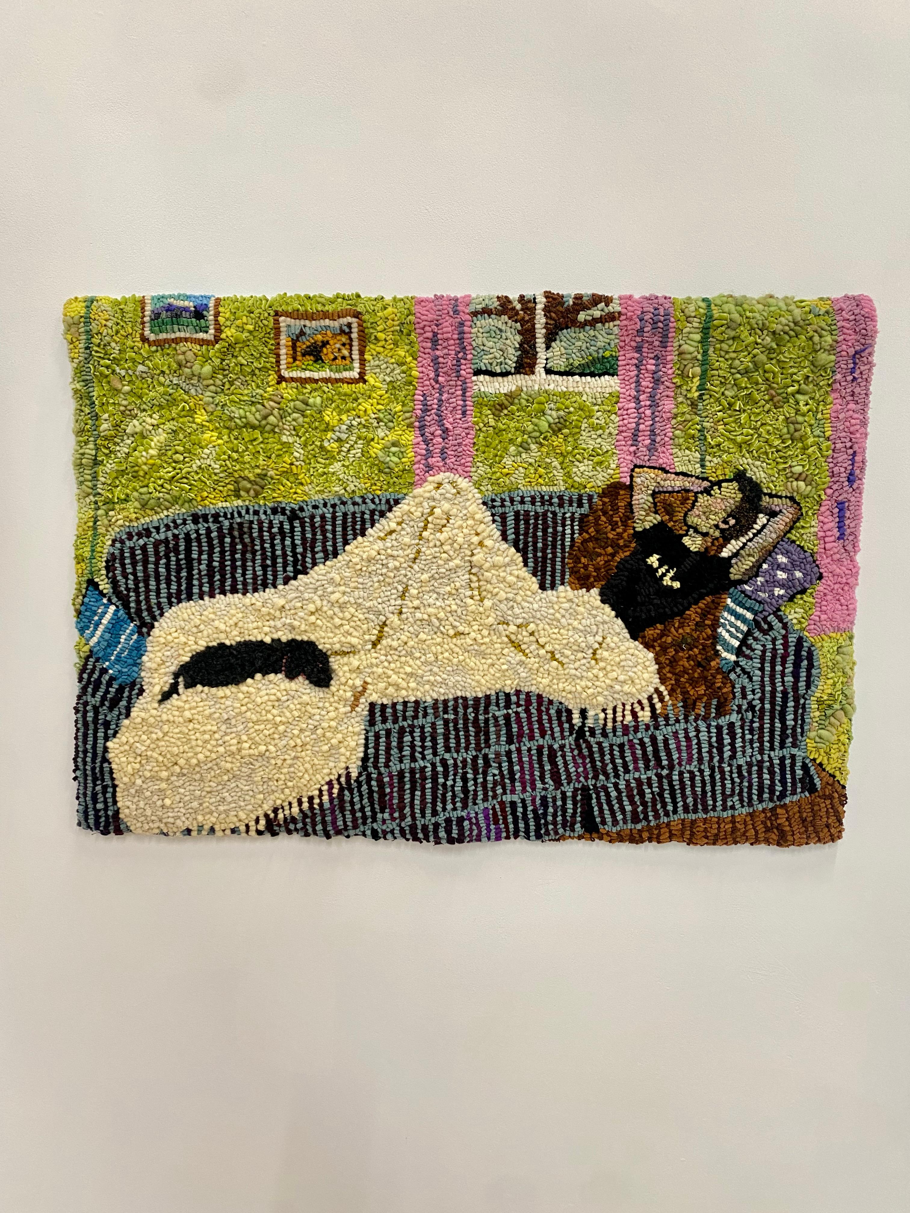 Nap-Serie Zwei, Inneneinrichtung, Figur auf blauer Kommode, schwarzer Hund, grünes Zimmer – Painting von Mary Tooley Parker