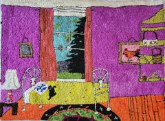 Spare Room, Purple, Orange Bedroom, Black Dog on Bed, Interior, Hooked Rug