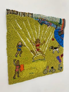 Summer in the Burbs One, Sprinkler, Backyard Scene, Yellow Grass, Children, Dog