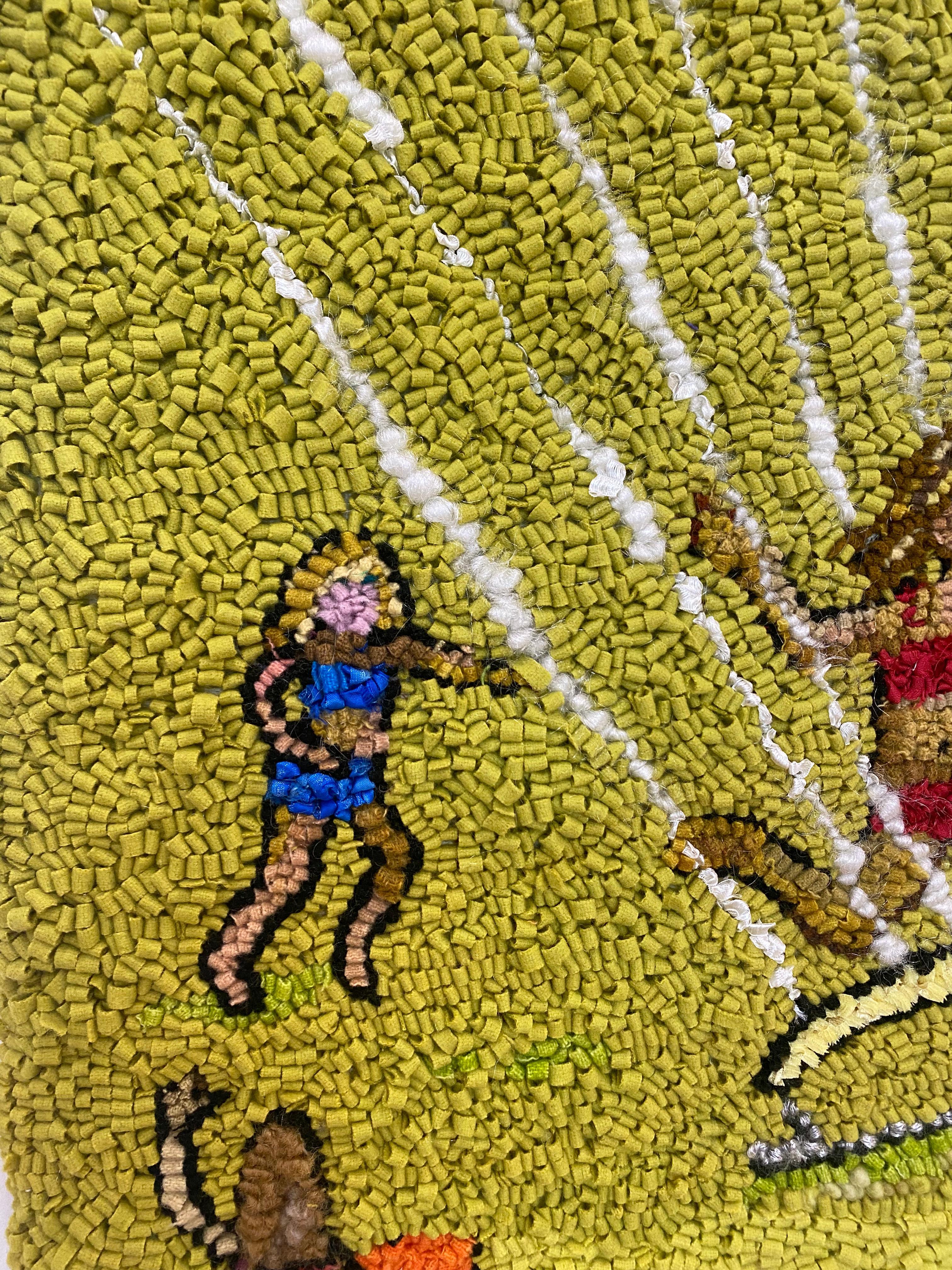 Estate in periferia 1, Irrigatore, Scena in giardino, Erba gialla, Bambini, Cane - Figurative Painting Giallo di Mary Tooley Parker