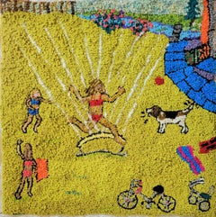 Summer in the Burbs One, Sprinkler, scène de jardin, gazon jaune, enfants, chien
