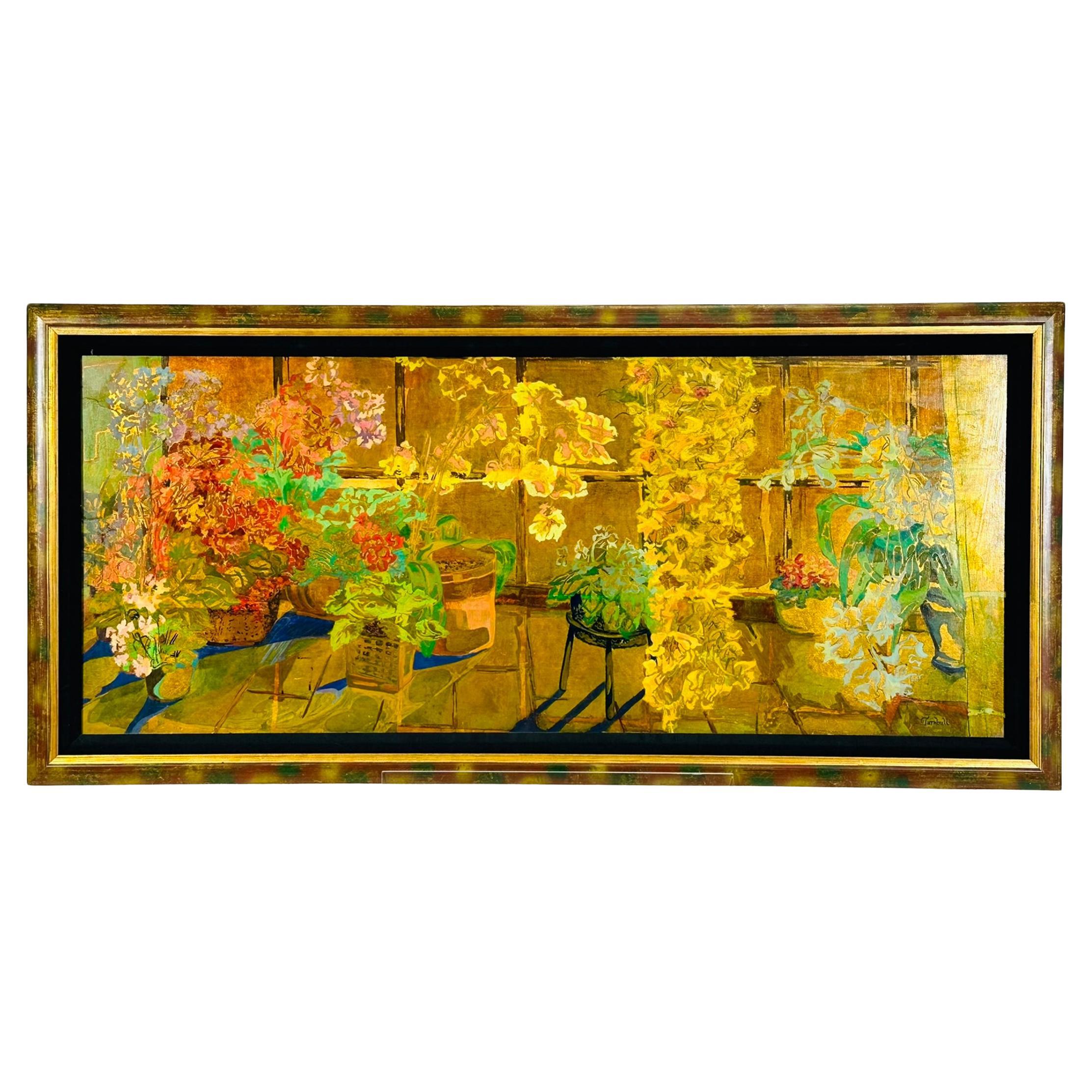 Mary Turnbull (Américaine, d. 2010) "Morning Sun" Huile signée et peinture à la feuille d'or 22k