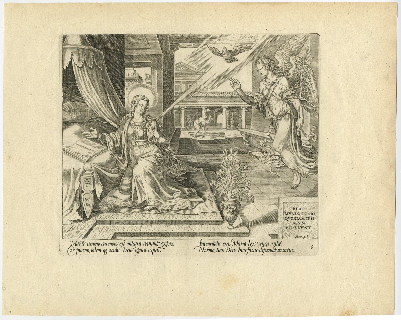 Dutch Mary Visited by an Angel – Antique Biblical Engraving, Visscher, 1674 For Sale