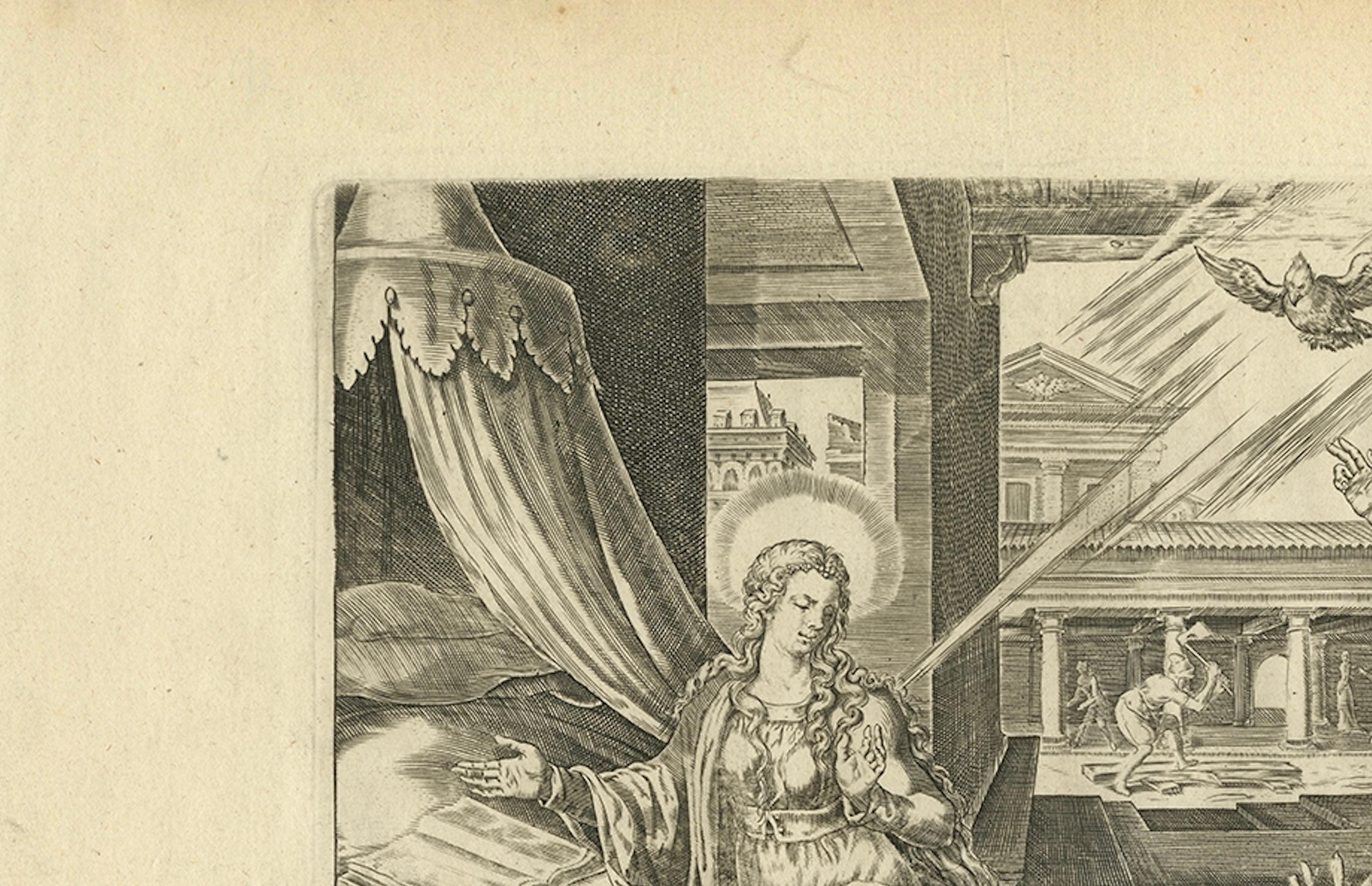 Engraved Mary Visited by an Angel – Antique Biblical Engraving, Visscher, 1674 For Sale