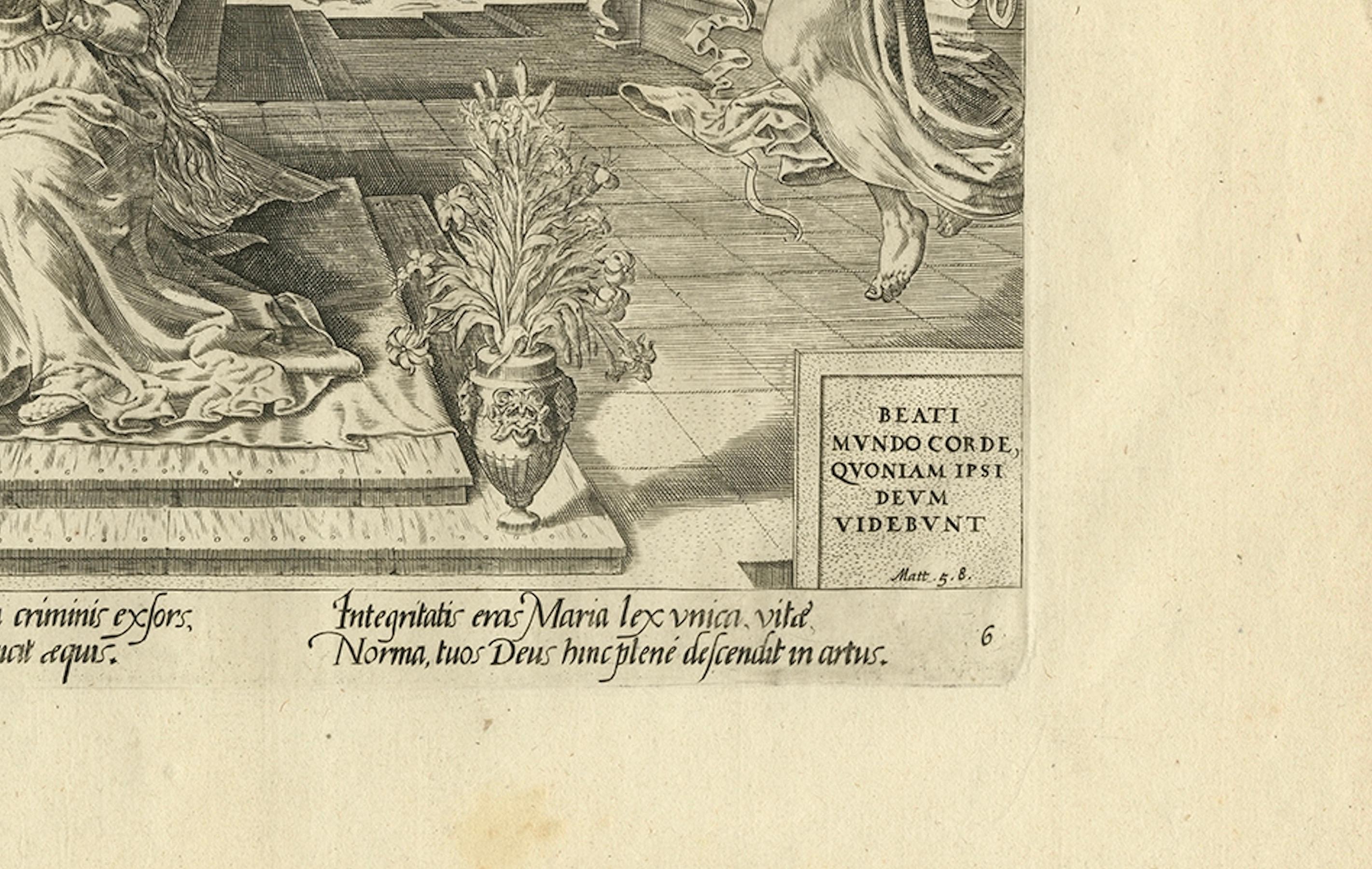 Mary Visited by an Angel – Antique Biblical Engraving, Visscher, 1674 In Good Condition For Sale In Langweer, NL