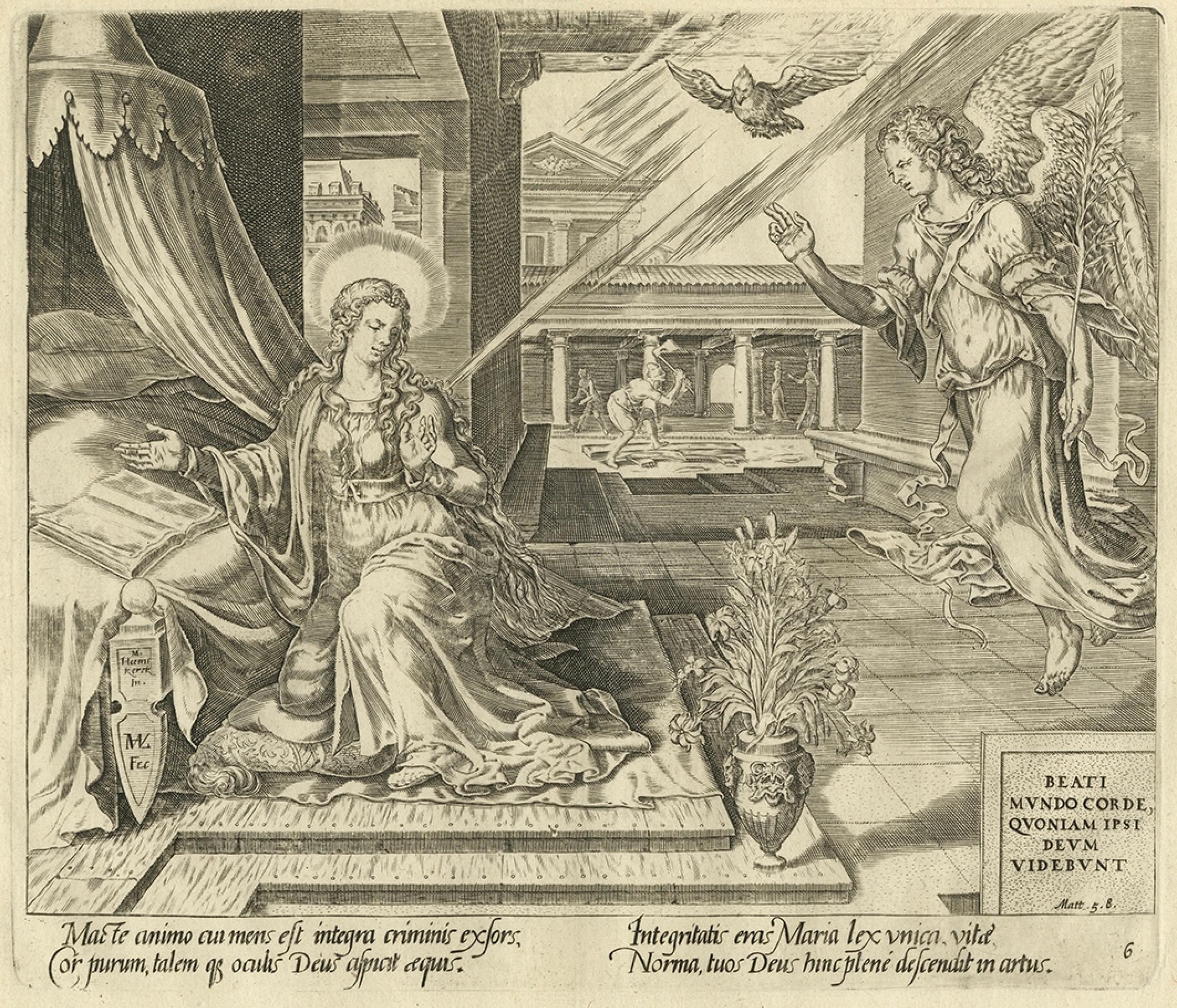 18th Century and Earlier Mary Visited by an Angel – Antique Biblical Engraving, Visscher, 1674 For Sale