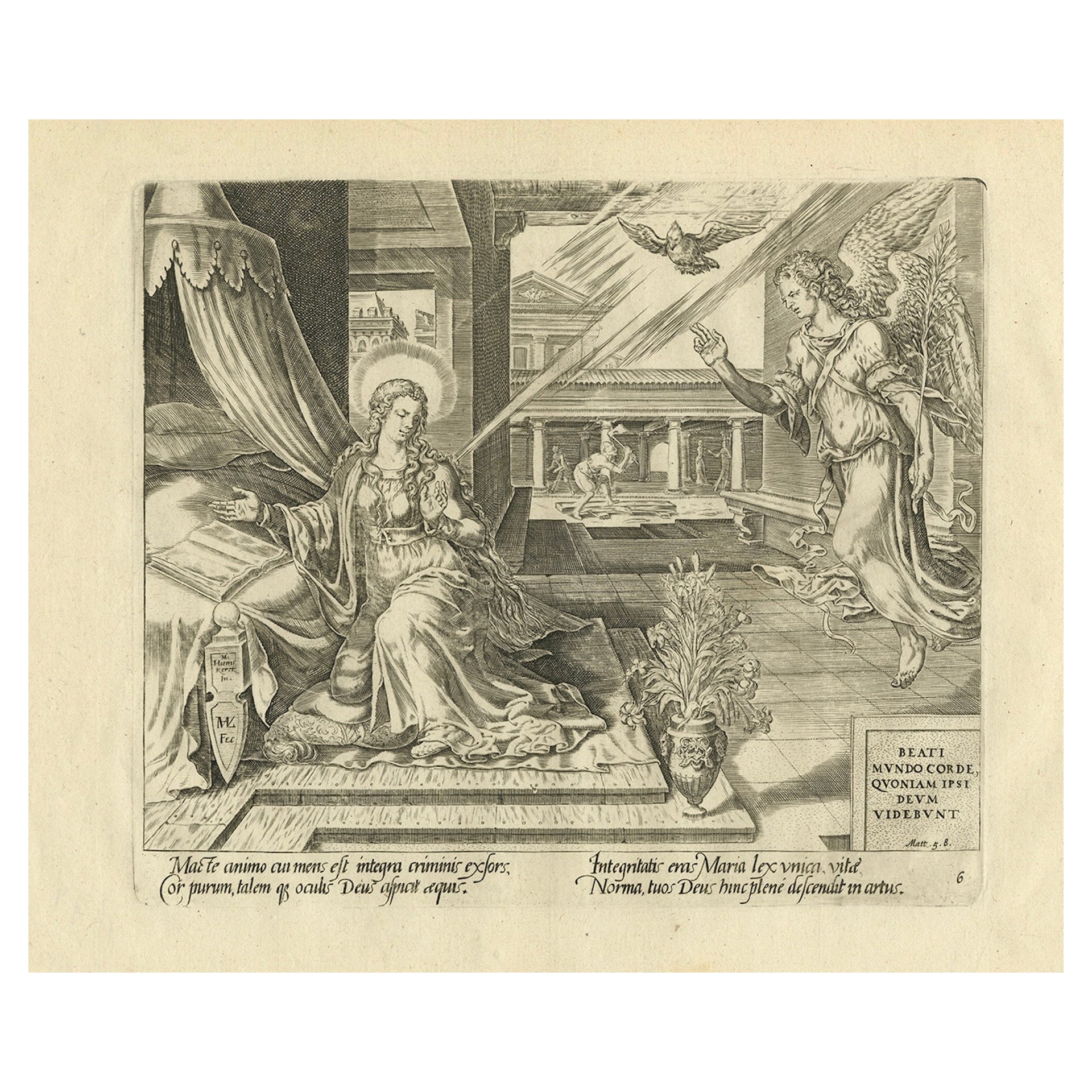 María visitada por un ángel - Grabado bíblico antiguo, Visscher, 1674