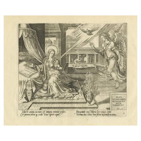 Mary Visited by an Angel – Antique Biblical Engraving, Visscher, 1674