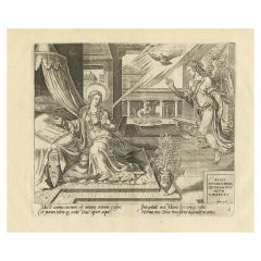 Marie visitée par un ange - Gravure biblique ancienne, Visscher, 1674