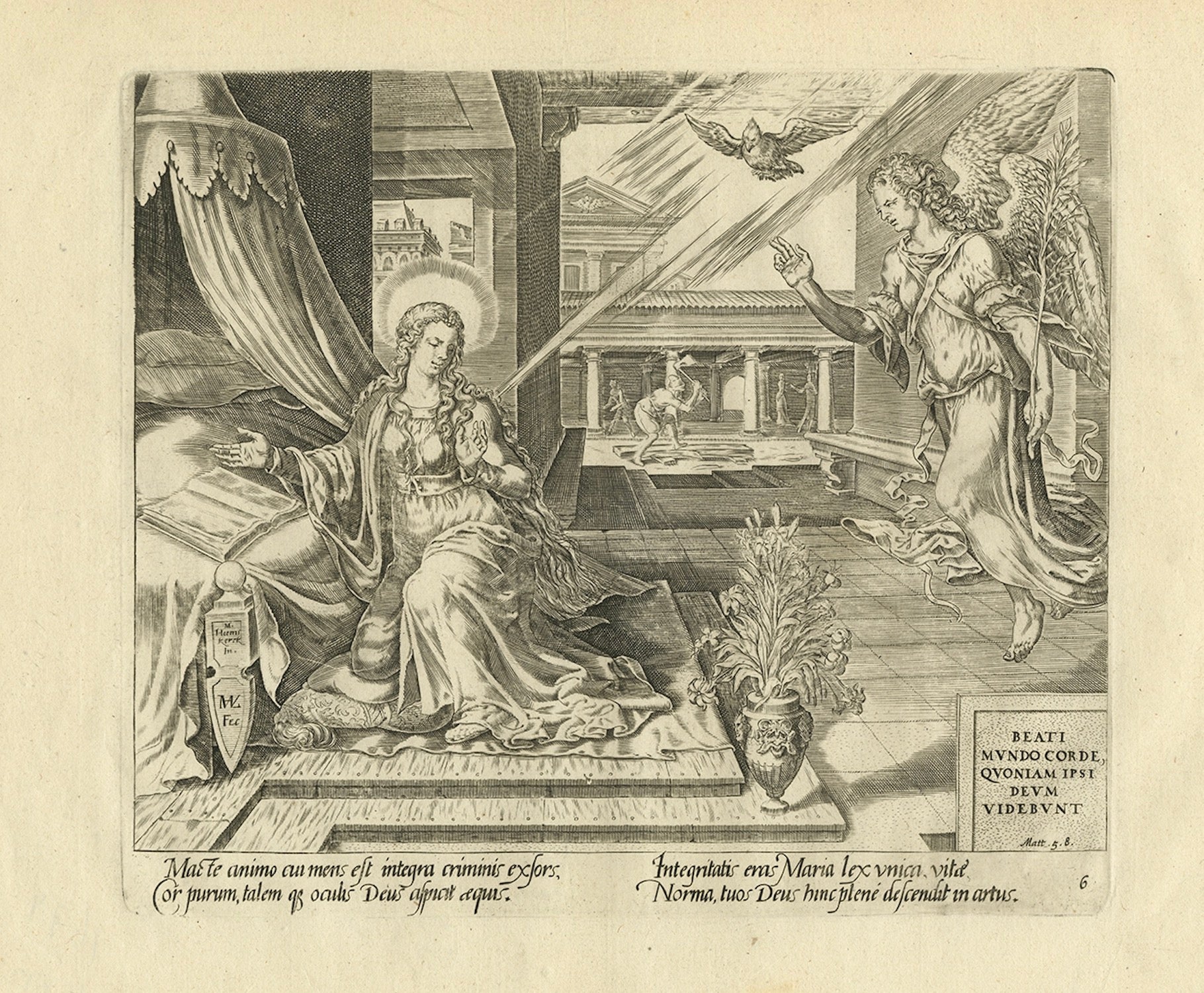 Mary Visited by an Angel – Antique Biblical Engraving, Visscher, 1674 For Sale