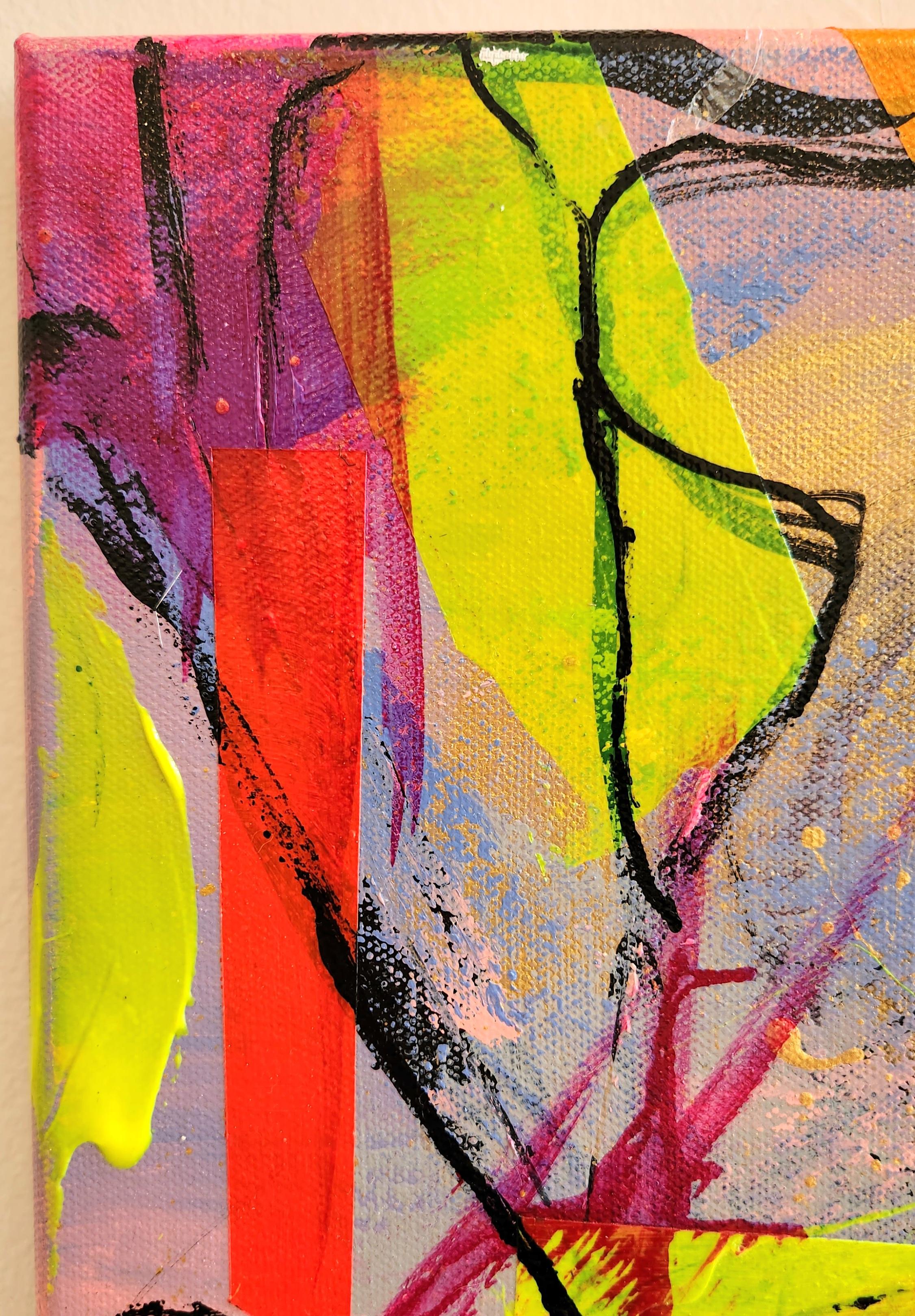This abstract acrylic painting is an exciting piece that is characterized by a variety of bright pinks, yellows, oranges, and blues. The palette of this piece creates a sense of energy and joy, emphasized by the colorful squares and black marks