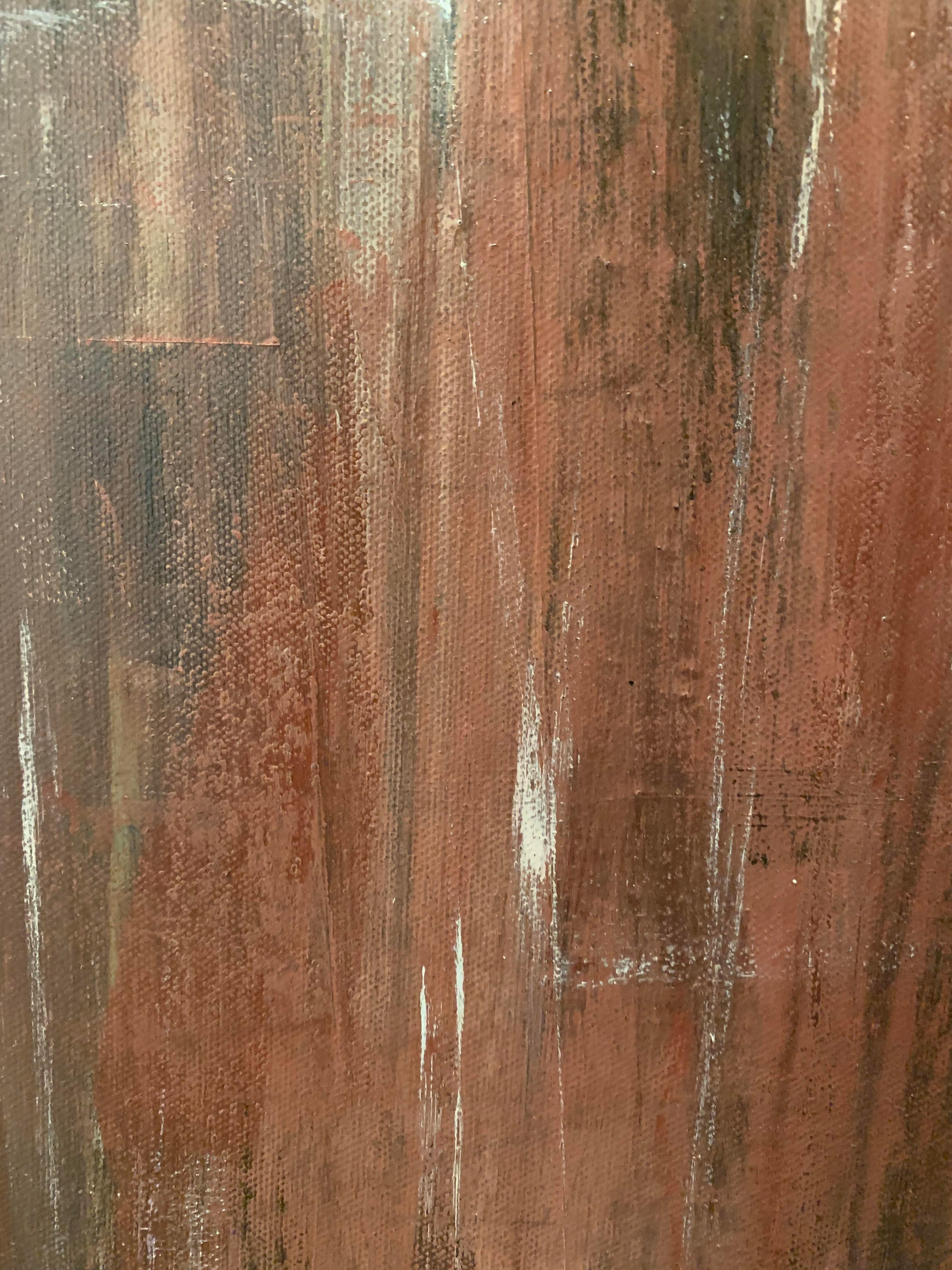 This acrylic on canvas painting is abstract featuring shades and tints of brown, black, and white. It's a wistful piece, with colors that flow from rust to rose. The balanced composition creates a sense of structure and layering in this painting.