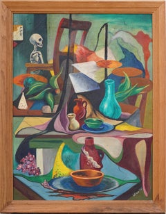 Vintage American Modernist Surreal Skeleton Still Life Exhibited Oil Painting