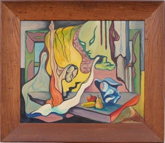 Vintage Modernista Surrealista "Metamorfosis" Naturaleza Muerta Expuesta Pintura al Óleo