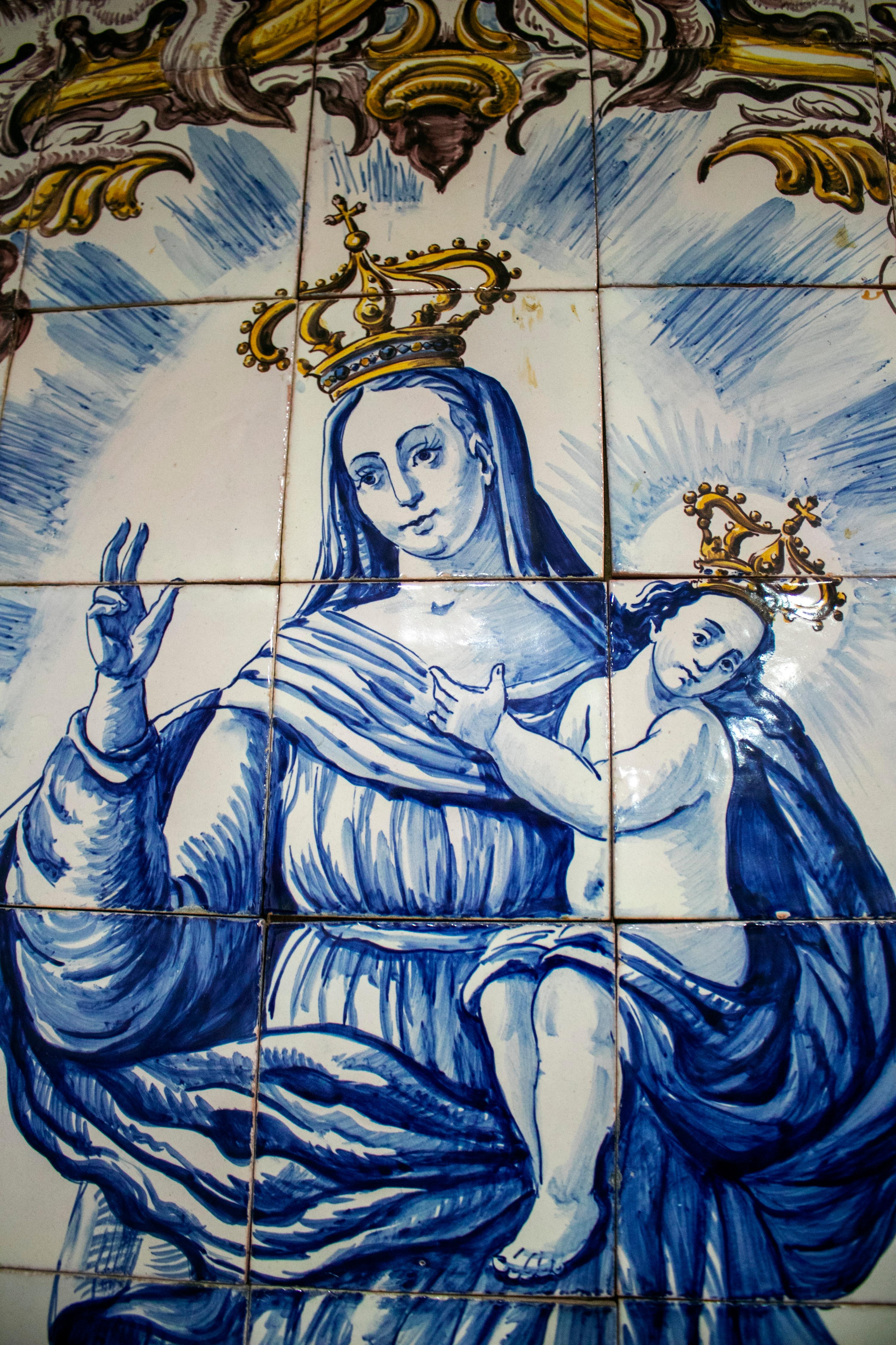 Hand-Painted Mary with Child Portuguese Glazed Ceramic Tile Panel Signed M. M. Antunes