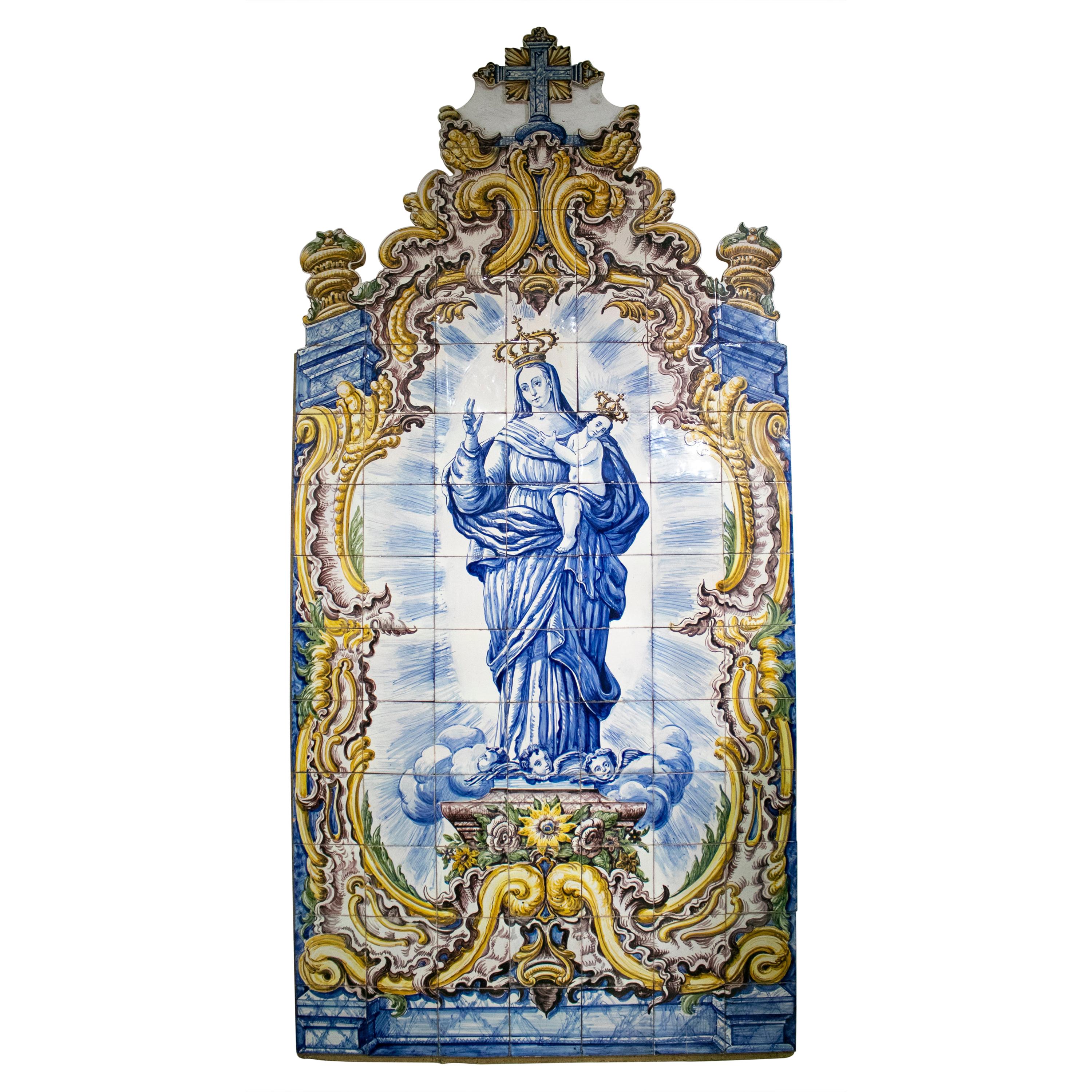 Mary with Child Portuguese Glazed Ceramic Tile Panel Signed M. M. Antunes