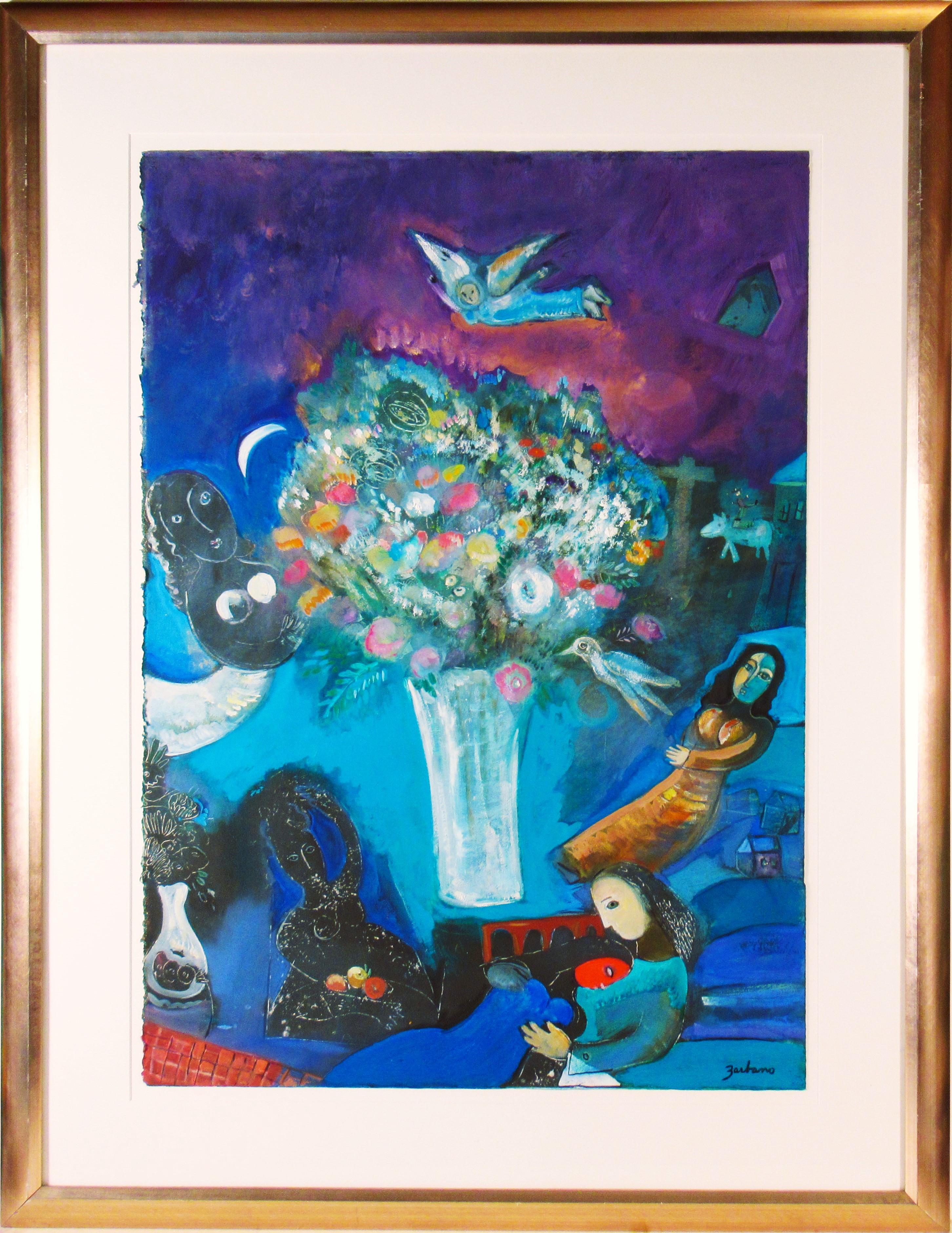 Figurative Painting di Mary Zarbano - Fiori con personaggi