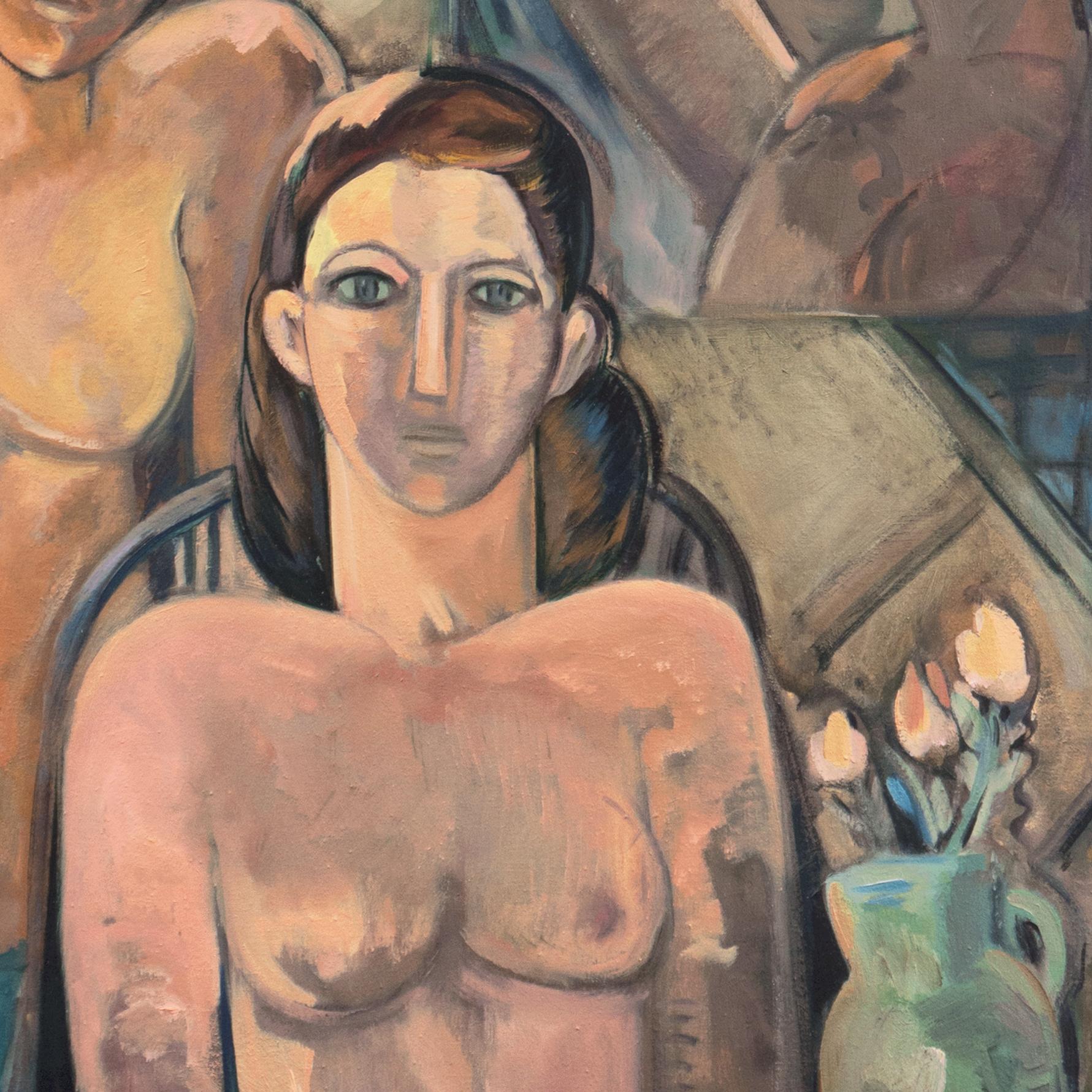 'Donne in interni', Olio di grandi dimensioni, California L'artista ha studiato con Picasso - Figurative Painting Marrone di Mary Zarbano