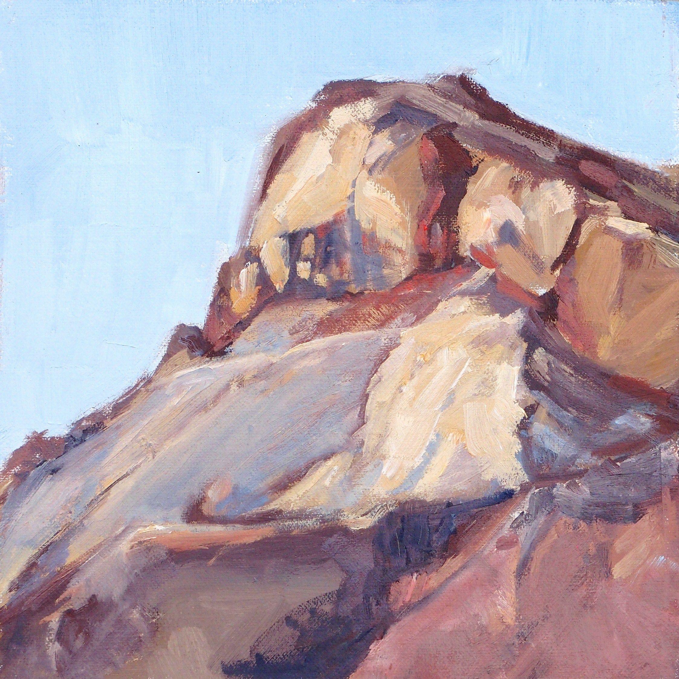 The juxtaposition of a massive bluff painted on a diminutive canvas was greatly amusing to me. Each bluff formation in the Big Bend area is unique and each seems to have an individual personality. I painted this with a group of friends while