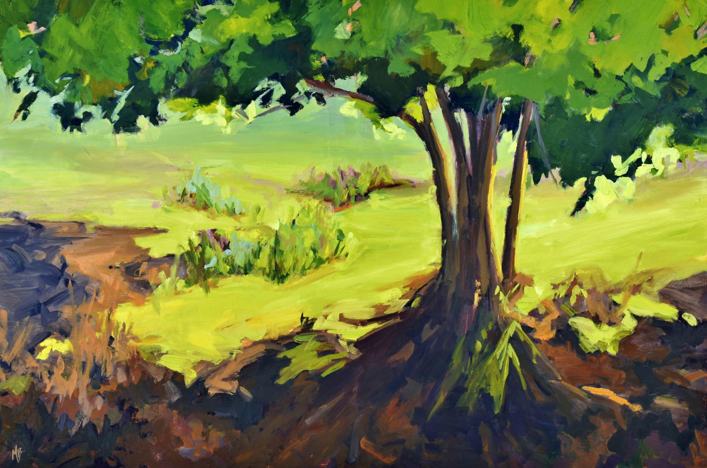 On a hot summer day, I look for the shade of a tree to rest my eyes and my spirit. This tree had gnarly twigs and roots sticking above the ground which proved to me it has weathered many hot days and still stands strong.    :: Painting ::