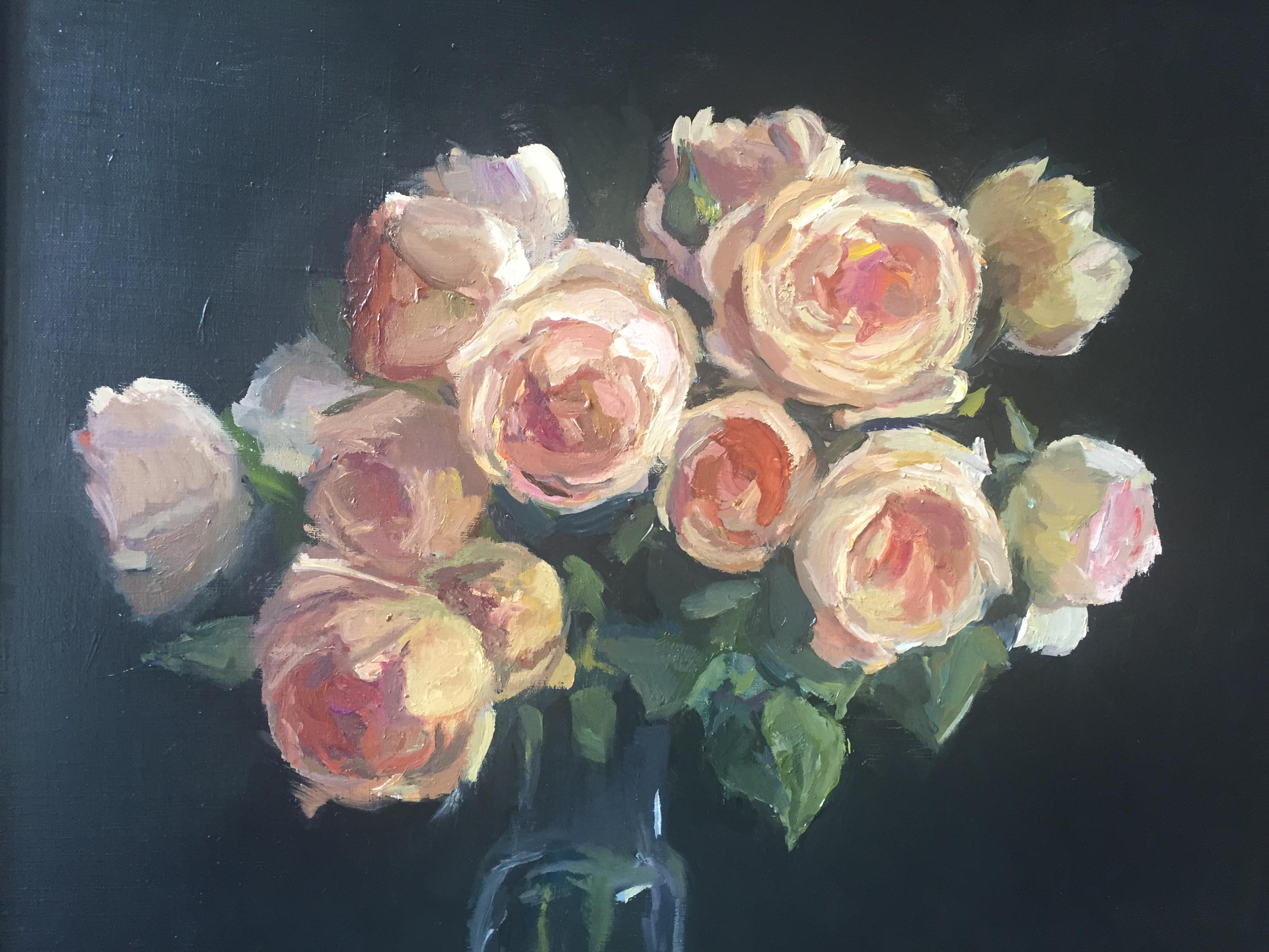 Blushing Bouquet - Black Still-Life Painting by Maryann Lucas