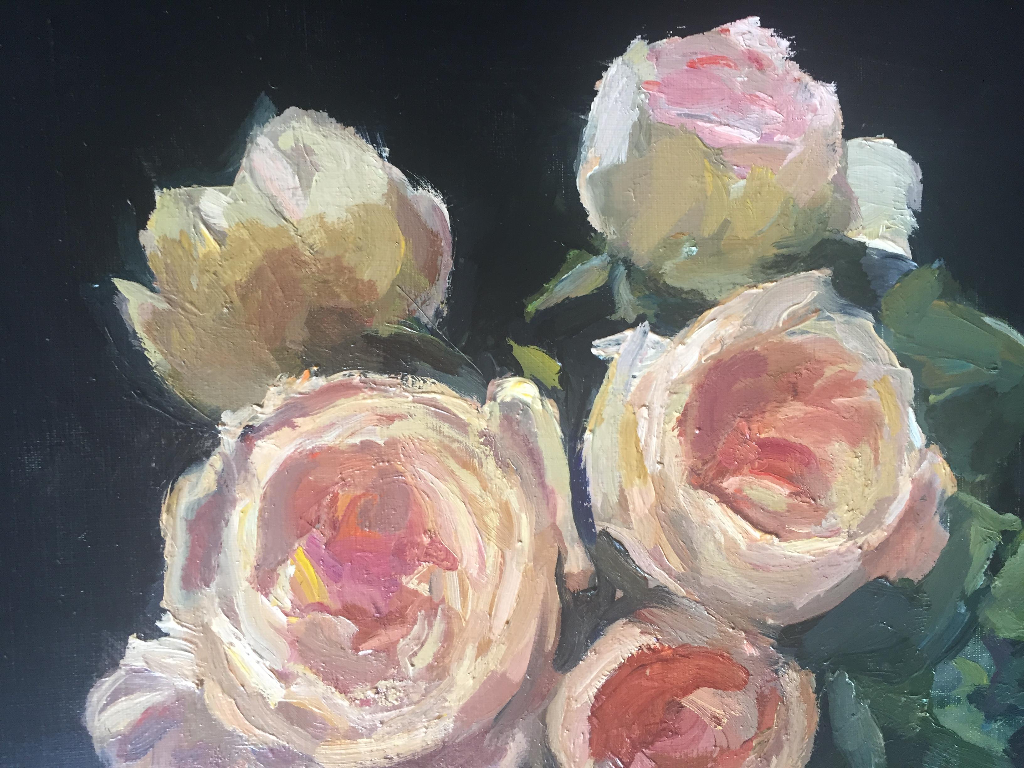 An oil painting of a group of roses in a slender glass vase; a black background.


Maryann Lucas lives and works in Sag Harbor. She is primarily self-taught but has also received instruction and support from wonderful and generous members of the