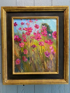 "Cosmos Rising" contemporary oil painting of pink flowers in tall grass, framed