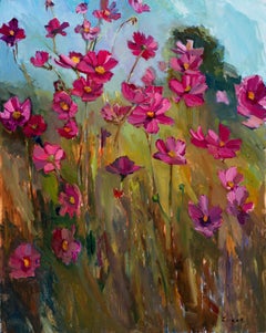 "Cosmos Rising" óleo contemporáneo de flores rosas en hierba alta, enmarcado