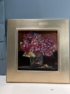 „Dried Hydrangea“, Ölgemälde, Stillleben mit violetten Blumen in Glasvase, gerahmt