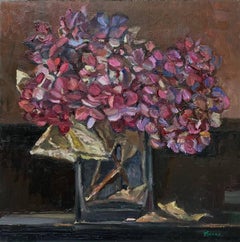 "Ortensie secche" Pittura a olio Natura morta di fiori viola in vaso di vetro con cornice