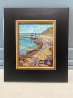 "Edge of Montauk" Peinture à l'huile impressionniste contemporaine, rivage rocheux.