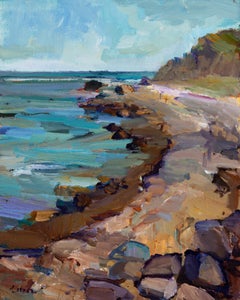 "Edge of Montauk" Contemporary Impressionist oil painting, rocky shoreline