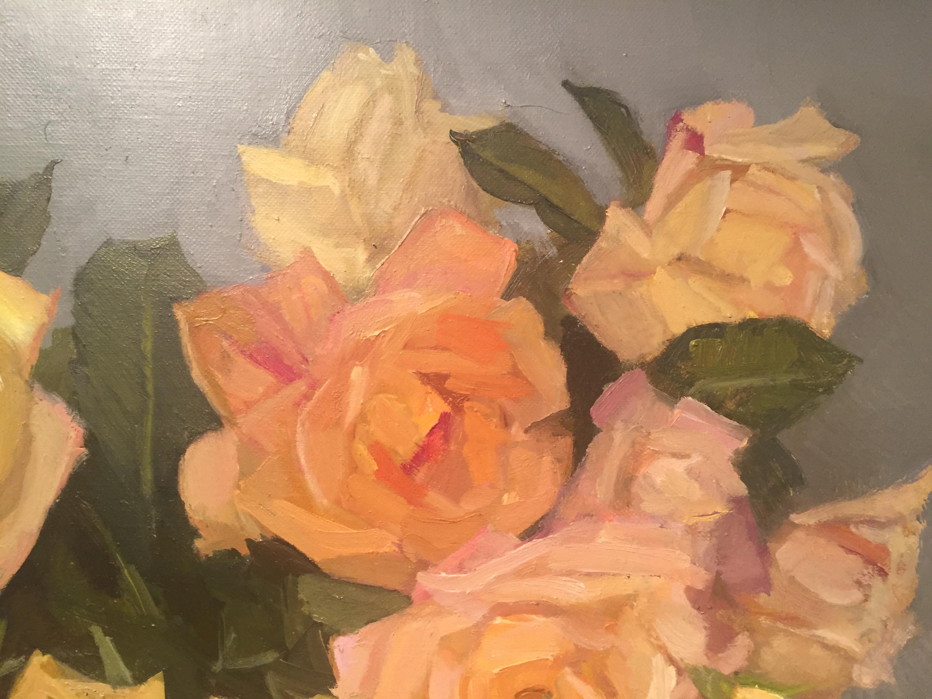 An oil painting of a wild arrangement of orange roses, flooding out of a small stemmed-glass vase.


Maryann Lucas lives and works in Sag Harbor. She is primarily self-taught but has also received instruction and support from wonderful and generous