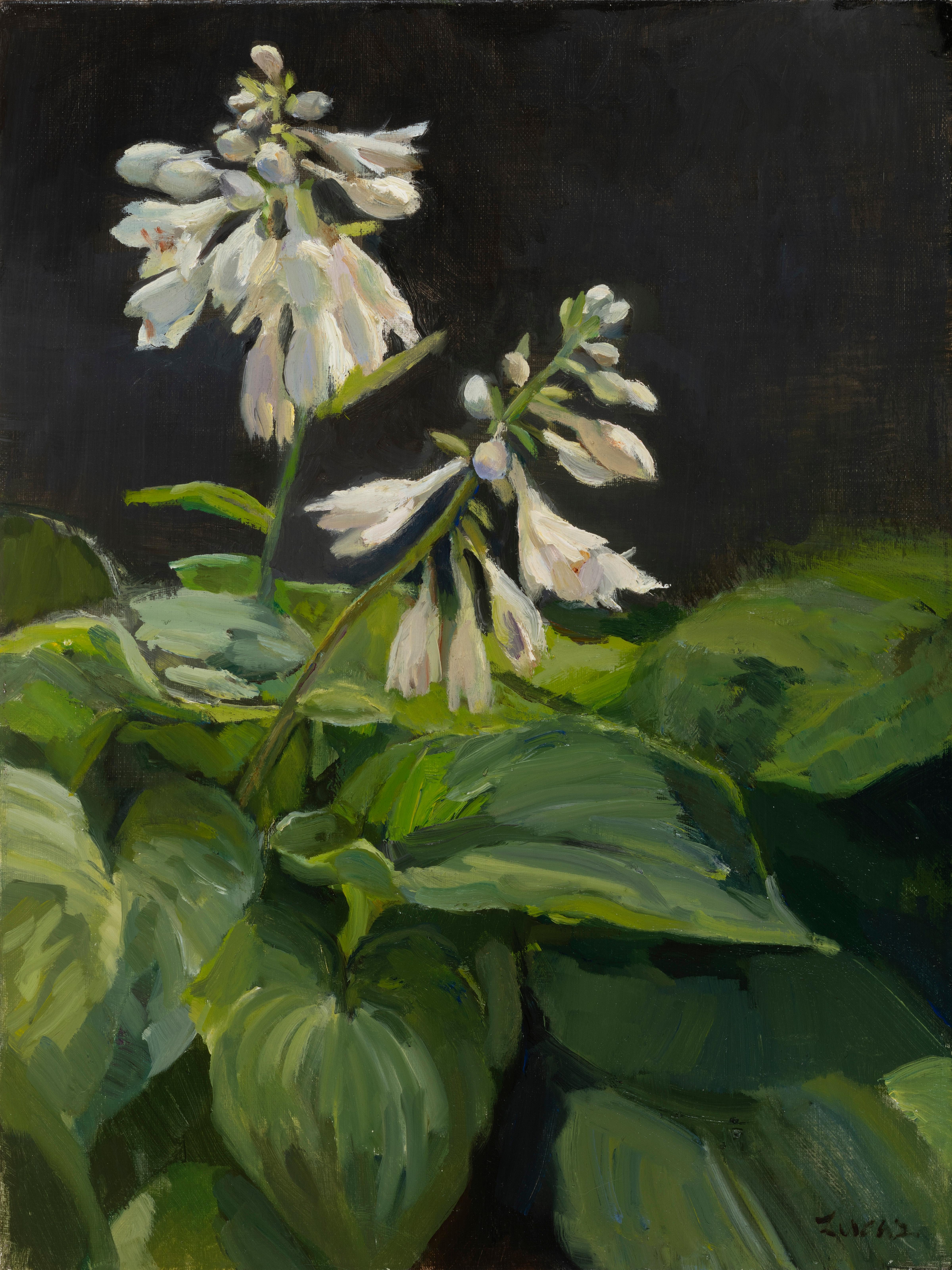 "Glow Up" contemporary realist white flowers & green leaves on black background